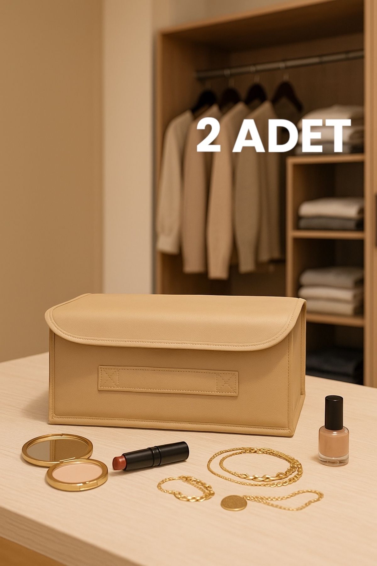 ON-ARS TEKSTİL Bej Kapaklı Dolap Çekmece Içi Takı Çamaşır Katlanır Saklama Kutusu Sepet 30x23x11 Cm
