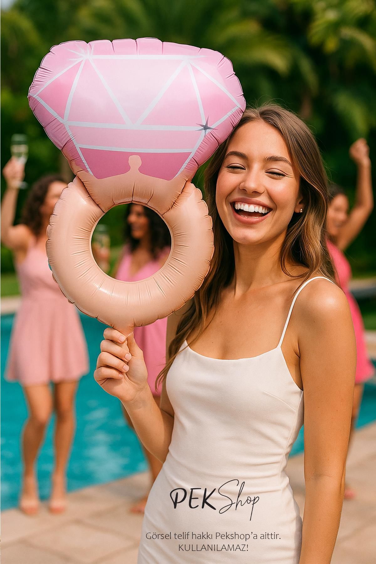 PEKSHOP Retro Pembe Tek Taş Yüzük Folyo Balon Bekarlığa Veda Bride Parti Balonu