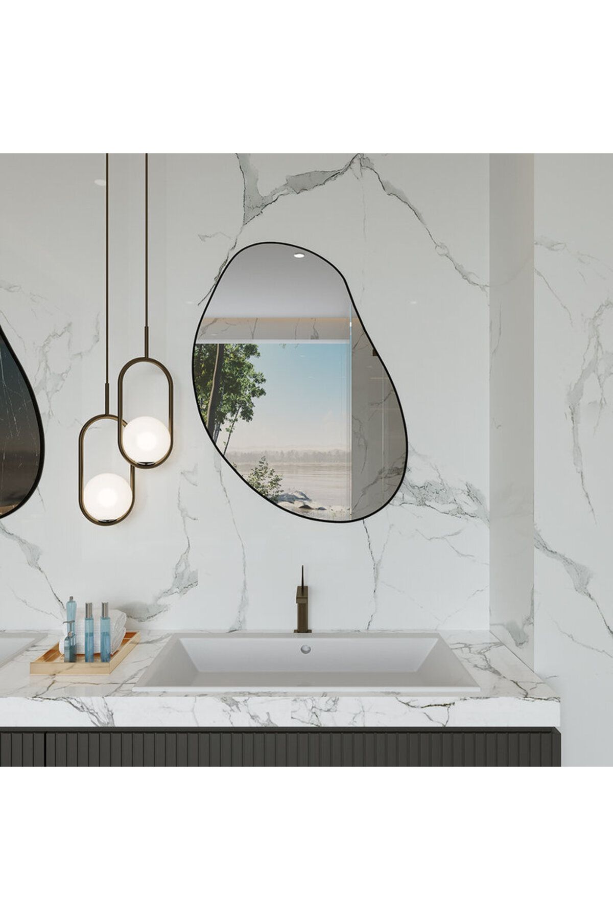 Aypars Atölye Asimetrik Duvar Aynası – Siyah Çerçeveli Minimalist Ayna, Modern Yemek Alanı ve Salon Tasarımı