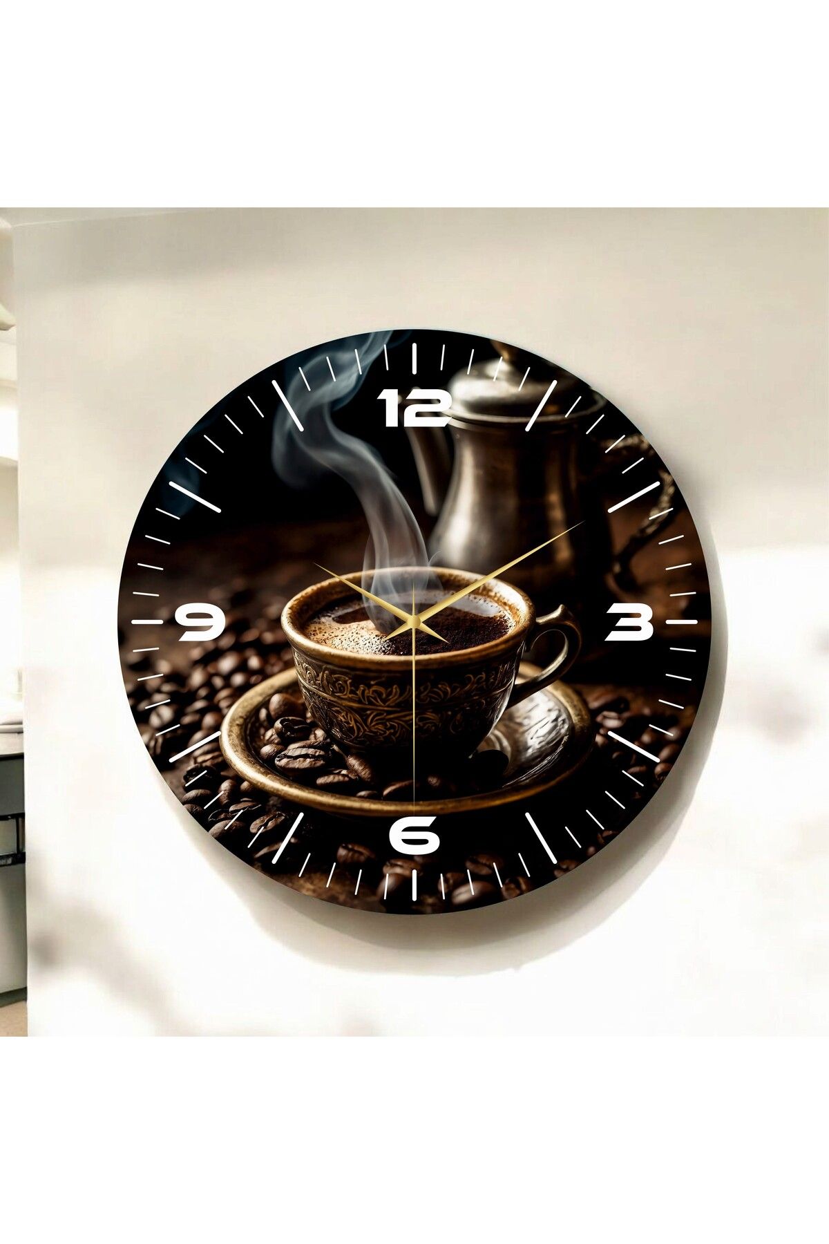 AA Shop Koyu Renkli Baskı Kahve Fincanı Desenli Sayılı Hediyelik Ahşap Sessiz Duvar Saati 50cm