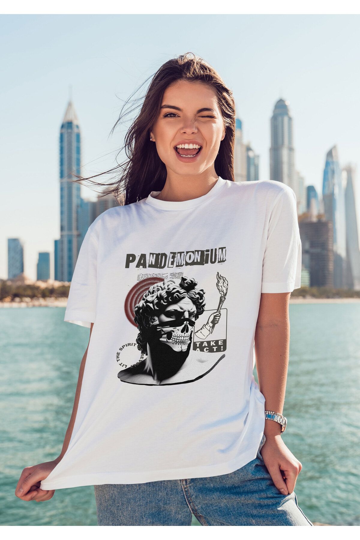 ELFAMİ Unisex Erkek/Kadın PANDEMONIUM Renkli Özel Baskılı Oversize Pamuklu Bisiklet Yaka T-Shirt Tişört