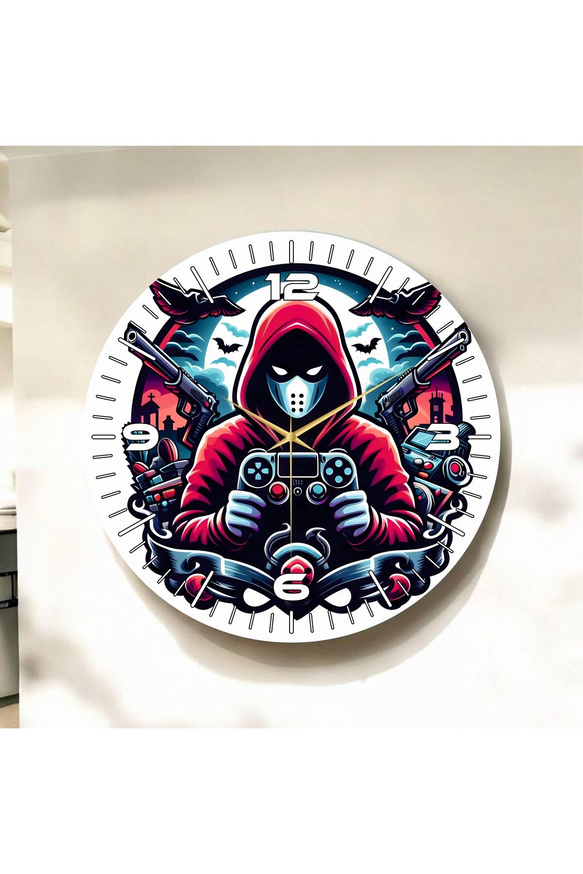 AA Shop Renkli Baskı Gamer Desenli Sayılı Hediyelik Ahşap Sessiz Duvar Saati 50cm