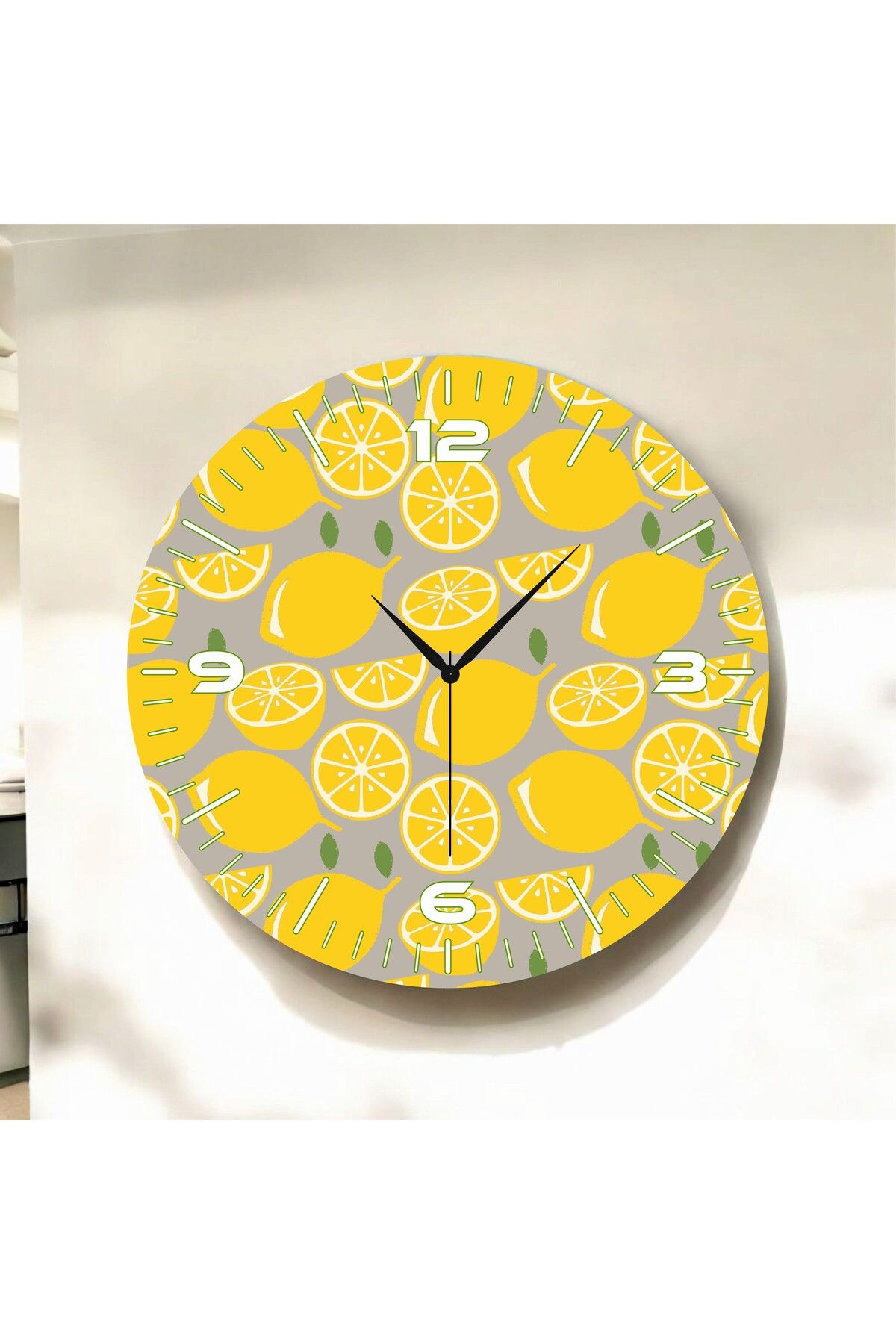 AA Shop Sarı Renkli Baskı Limon Desenli Sayılı Hediyelik Ahşap Sessiz Duvar Saati 50cm