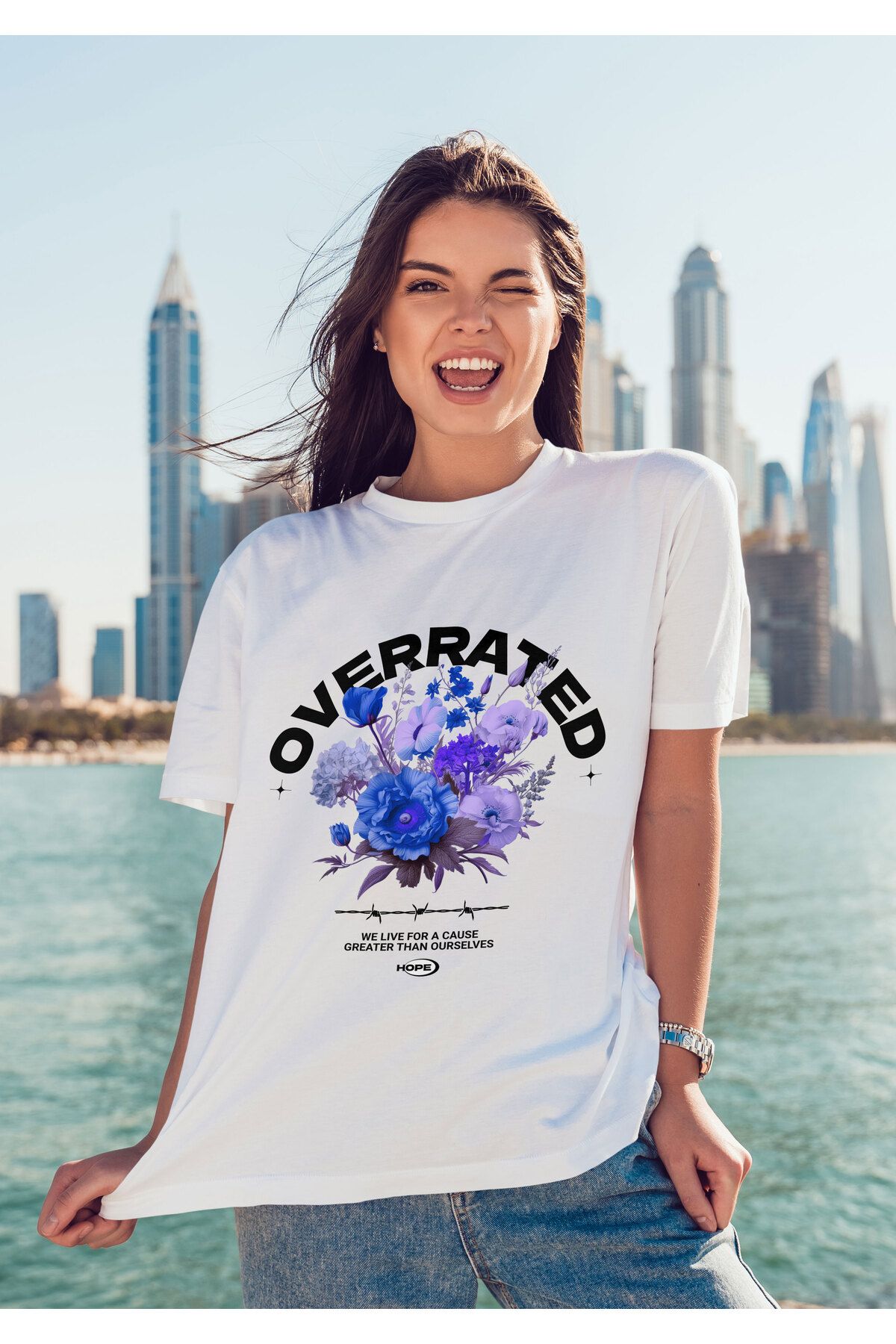 ELFAMİ Unisex Erkek/Kadın OVERRATED Renkli Özel Baskılı Oversize Pamuklu Bisiklet Yaka T-Shirt Tişört