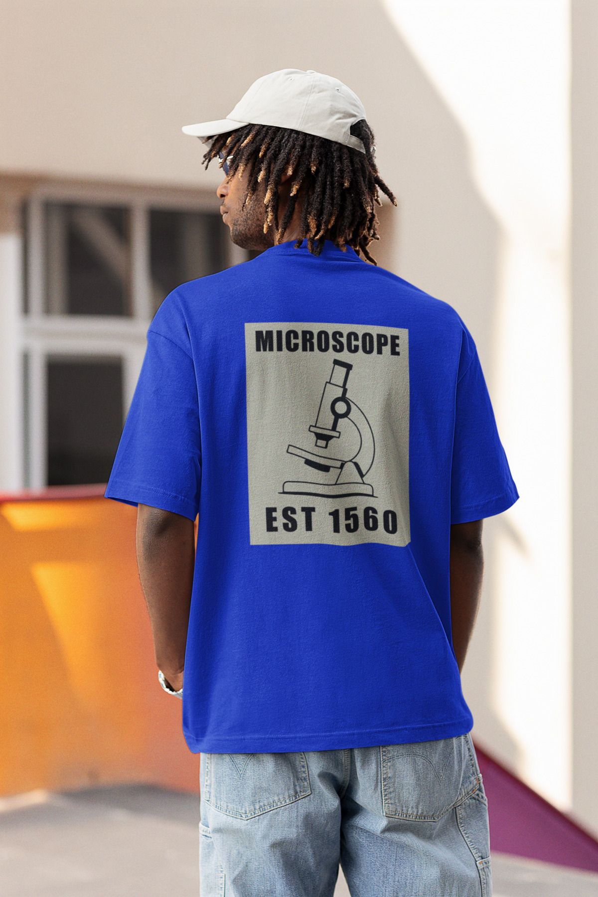 Uniquetex NUBENSE / MİKSE-10 - Oversize Unisex Mikroskop Baskılı Sax Mavi Bisiklet Yaka T-shirt (Bilim Tişört)
