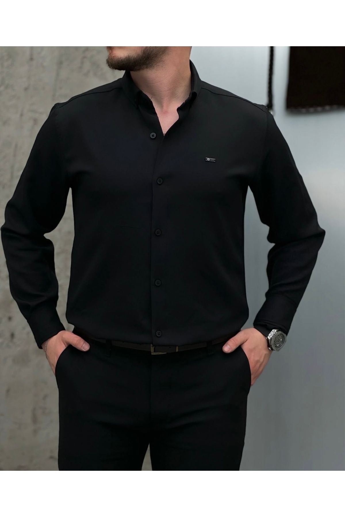 ParsStore Erkek Slim Fit Likralı Uzun Kollu Gömlek – Viskon Elastan Karışımlı