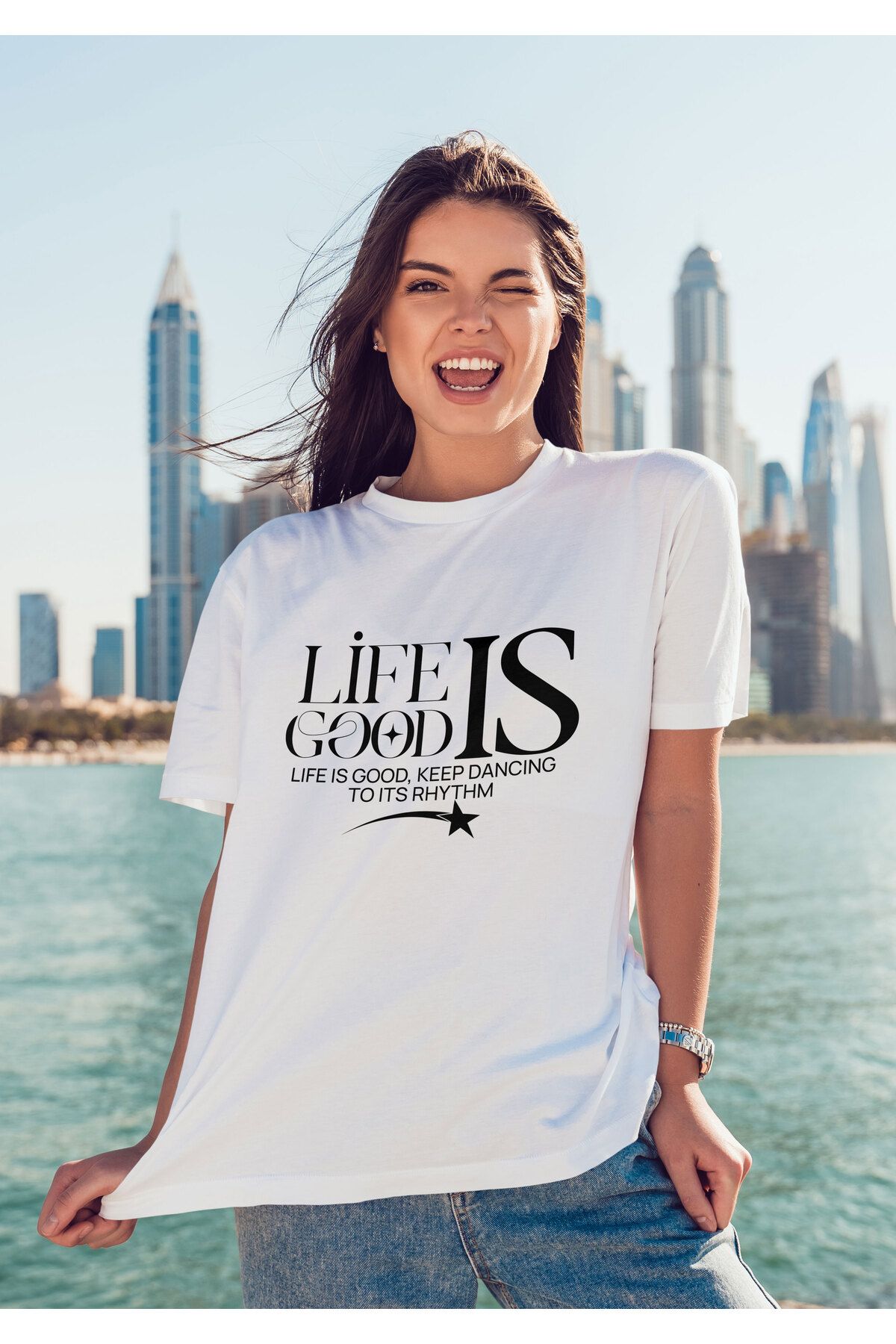 ELFAMİ Unisex Erkek/Kadın LIFE IS GOOD Renkli Özel Baskılı Oversize Pamuklu Bisiklet Yaka T-Shirt Tişört