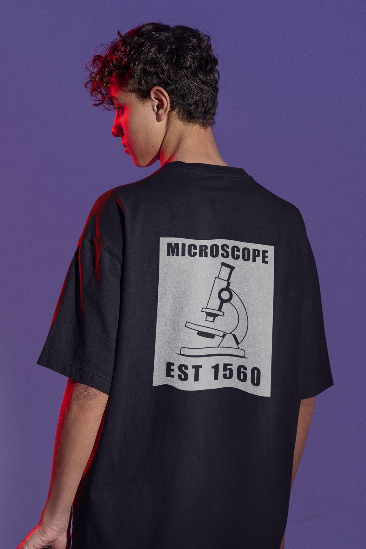Uniquetex NUBENSE / MİKSE-08 - Oversize Unisex Mikroskop Baskılı Siyah Bisiklet Yaka T-shirt (Bilim Tişört)