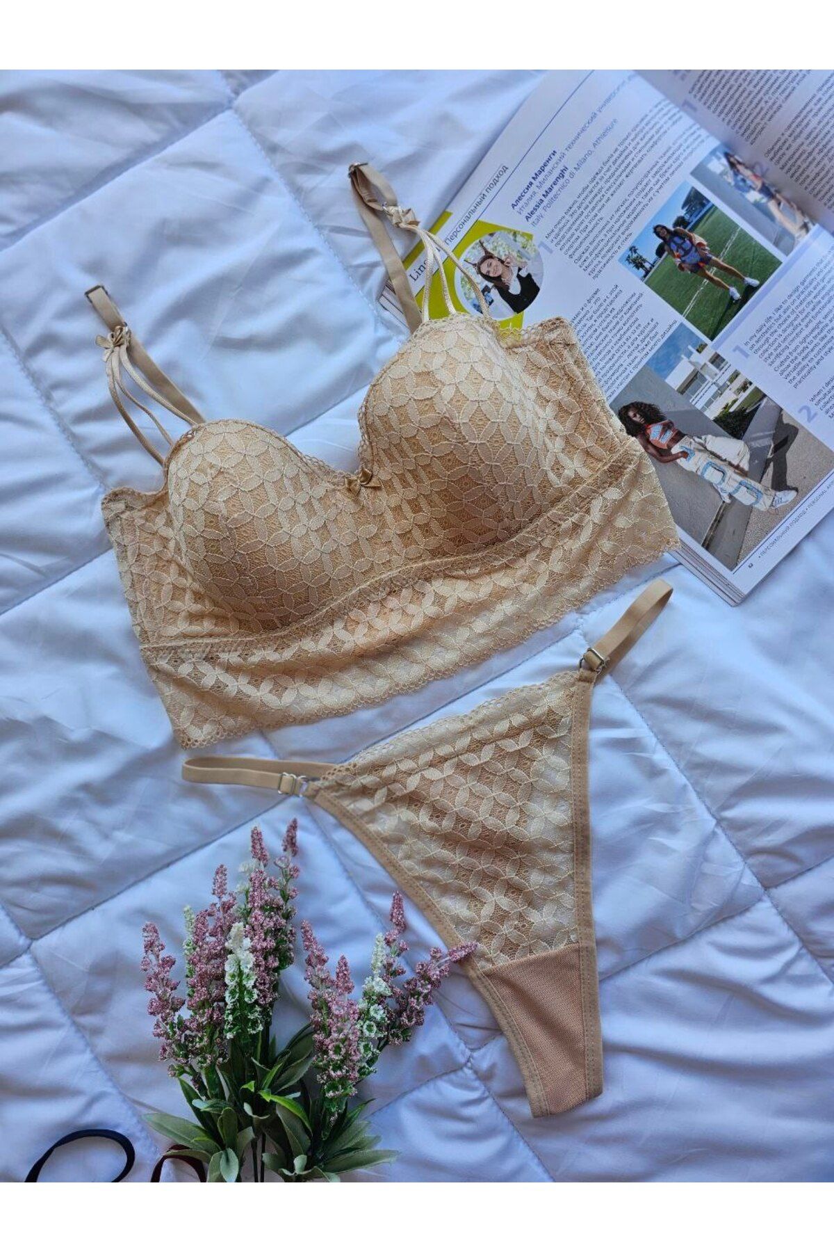 EMENUNU Lotus Dantelli Bralet Sütyen Külot Takımı Desteksiz Rahat Kullanım Günlük Şık Takım