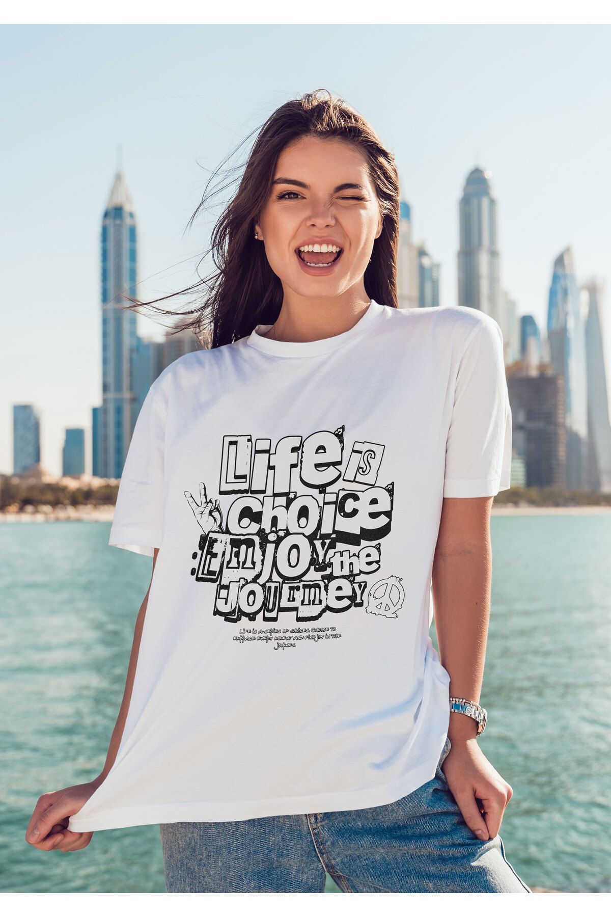 ELFAMİ Unisex Erkek/Kadın LIFE IS CHOICE Renkli Özel Baskılı Oversize Pamuklu Bisiklet Yaka T-Shirt Tişört