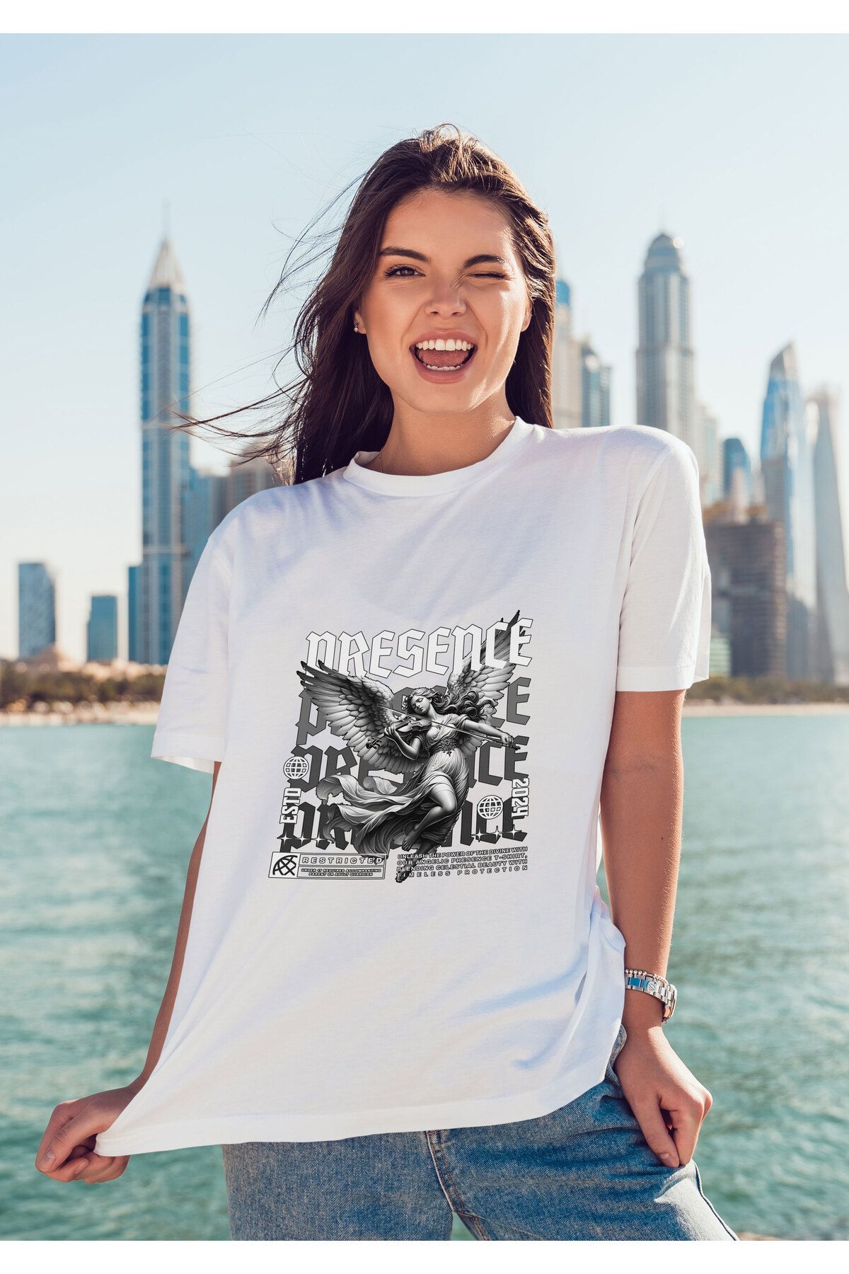 ELFAMİ Unisex Erkek/Kadın PRESENCE Renkli Özel Baskılı Oversize Pamuklu Bisiklet Yaka T-Shirt Tişört