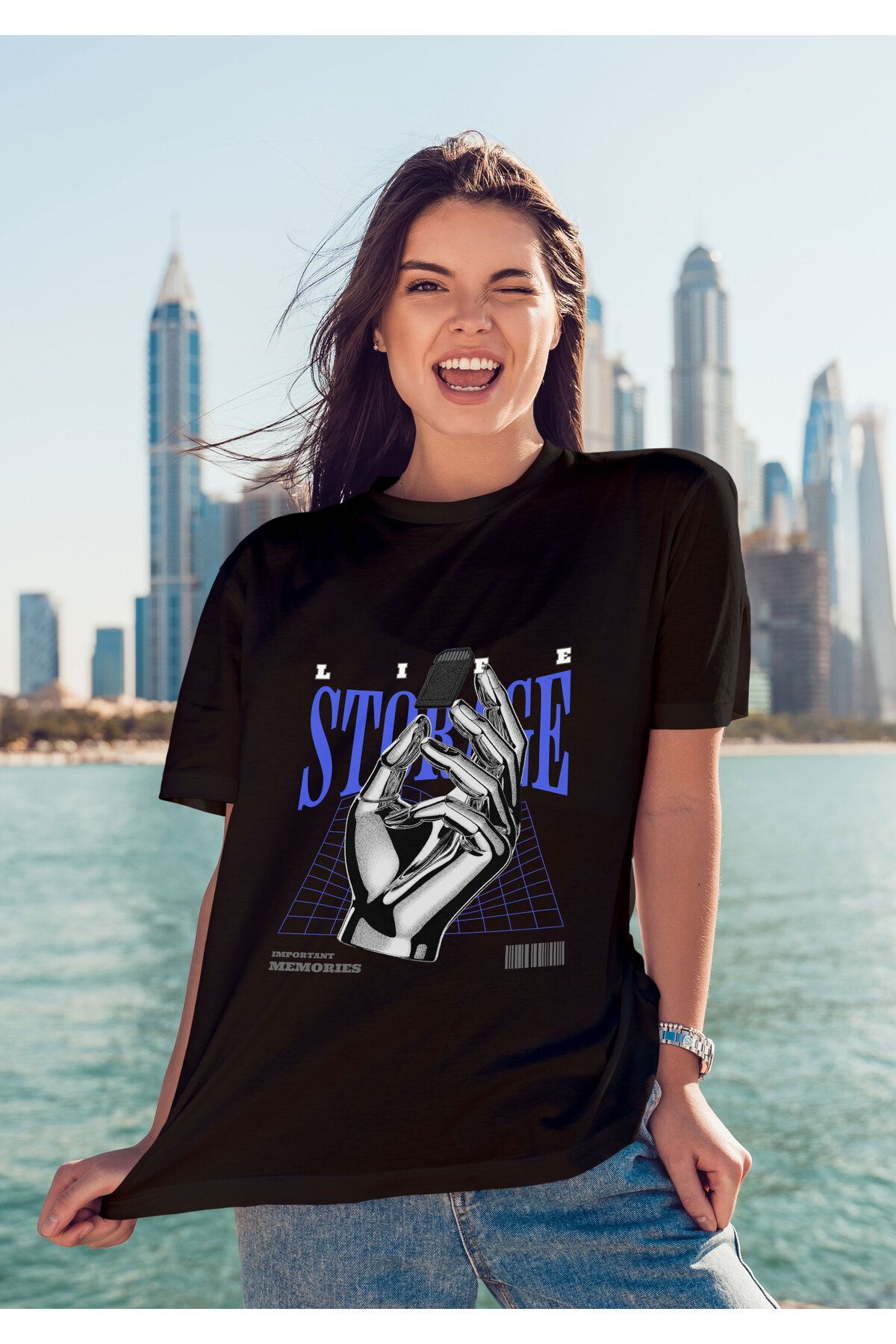 ELFAMİ Unisex Erkek/Kadın STORAGE Renkli Özel Baskılı Oversize Pamuklu Bisiklet Yaka T-Shirt Tişört