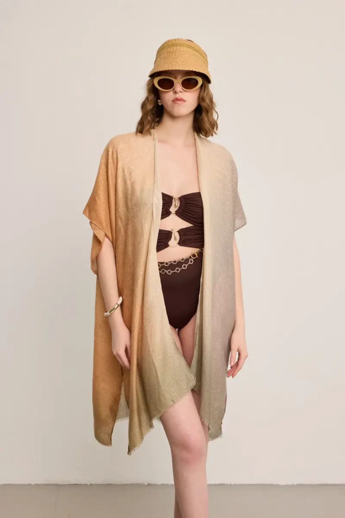 Gusto Batik Desenli Simli Kimono - Bej