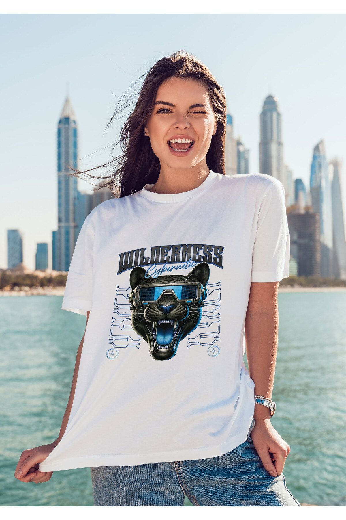 ELFAMİ Unisex Erkek/Kadın WILDERNESS Renkli Özel Baskılı Oversize Pamuklu Bisiklet Yaka T-Shirt Tişört