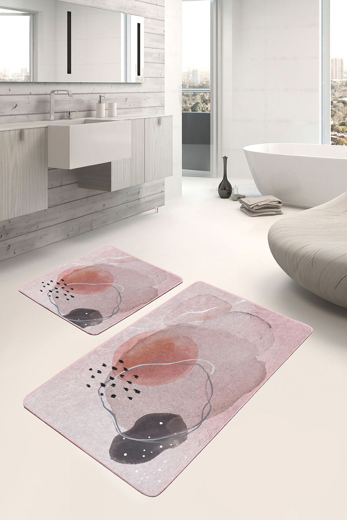 Realhomes 2'li Set Yavruağzı Zeminde Modern Sanat Motifli Kanvas Desenli Bohem Modern 2'li Banyo Paspas Takımı