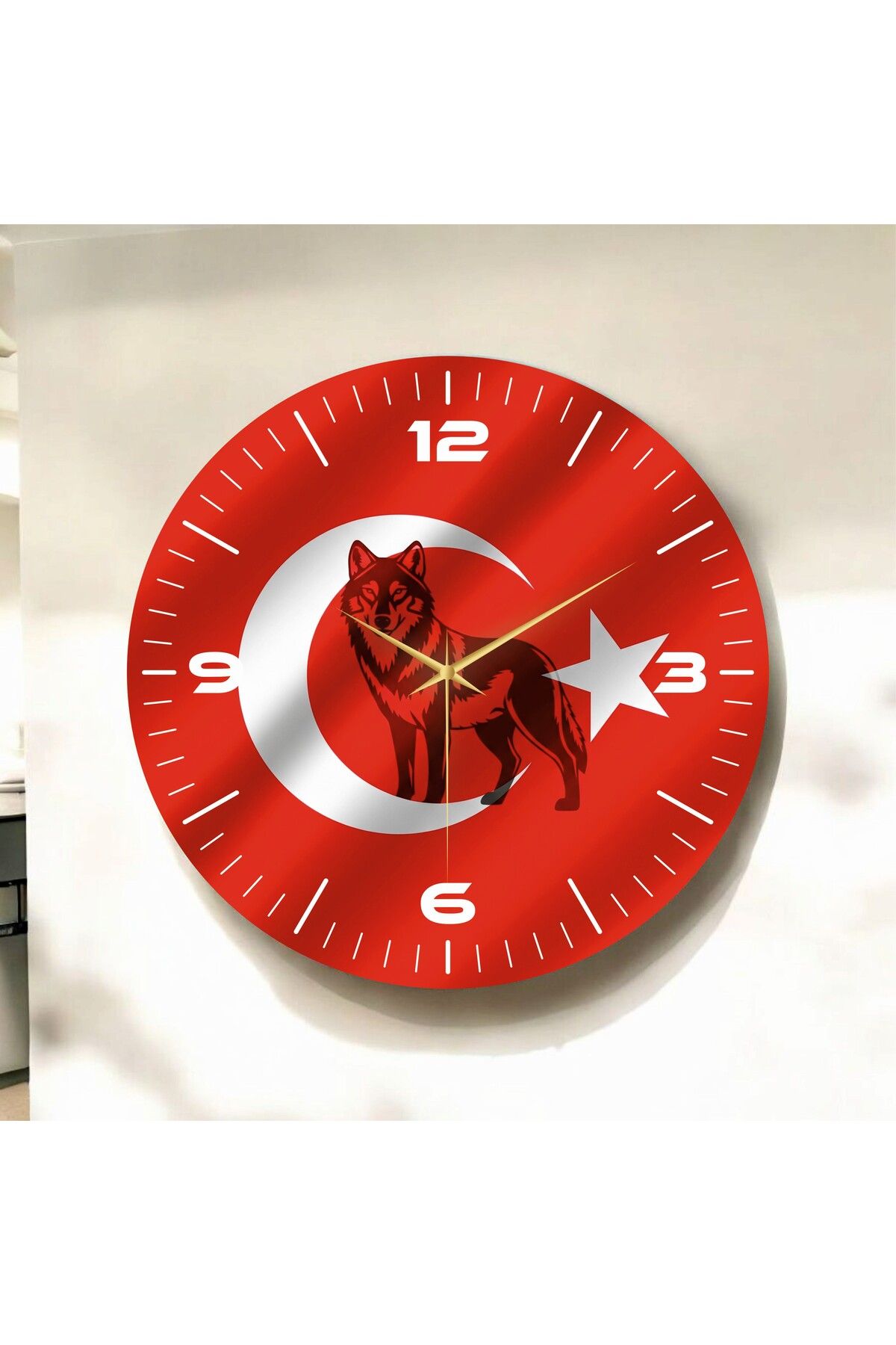 AA Shop Kırmızı Renkli Baskı Bozkurt Türk Bayrağı Desenli Sayılı Hediyelik Ahşap Sessiz Duvar Saati 50cm