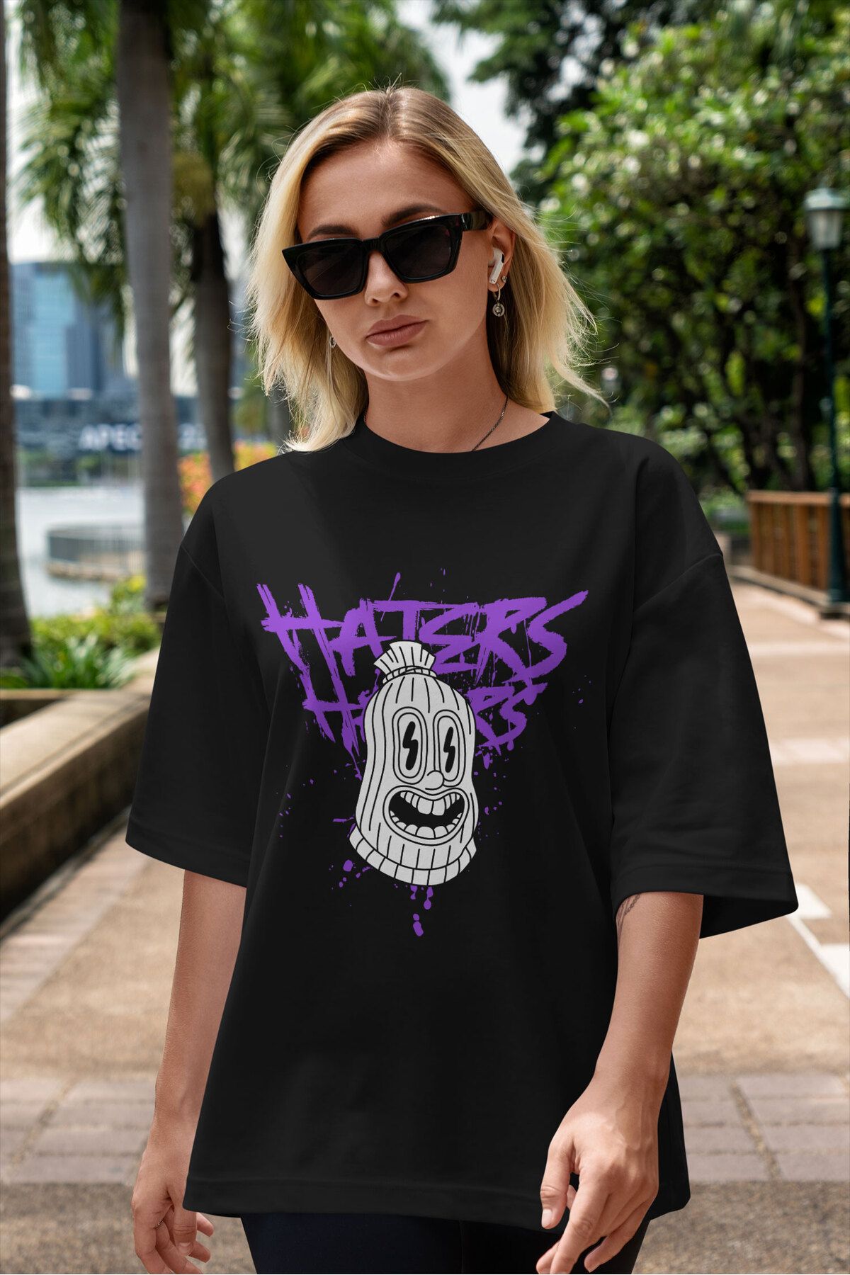 ELFAMİ Unisex Erkek/Kadın HATERS Renkli Özel Baskılı Oversize Pamuklu Bisiklet Yaka T-Shirt Tişört