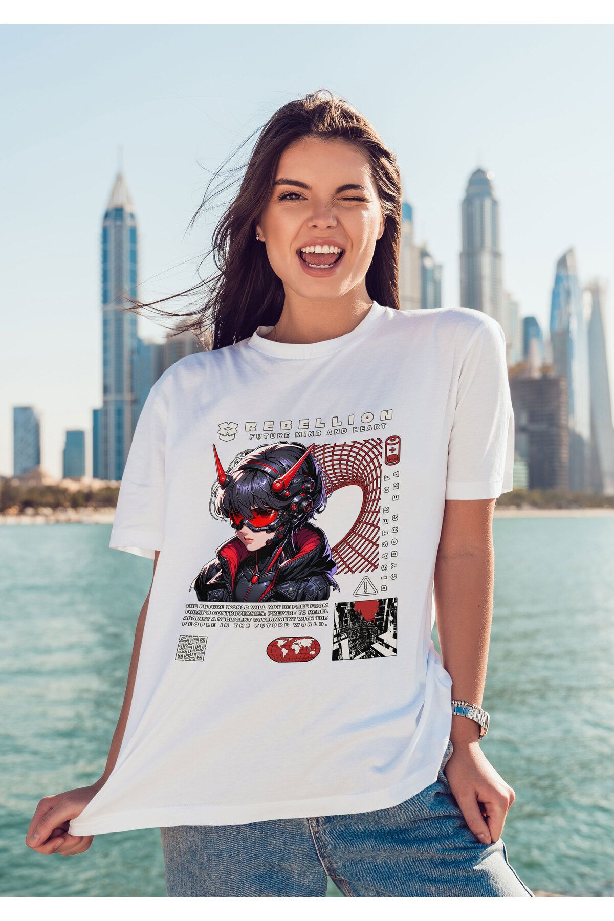 ELFAMİ Unisex Erkek/Kadın REBELLION Renkli Özel Baskılı Oversize Pamuklu Bisiklet Yaka T-Shirt Tişört