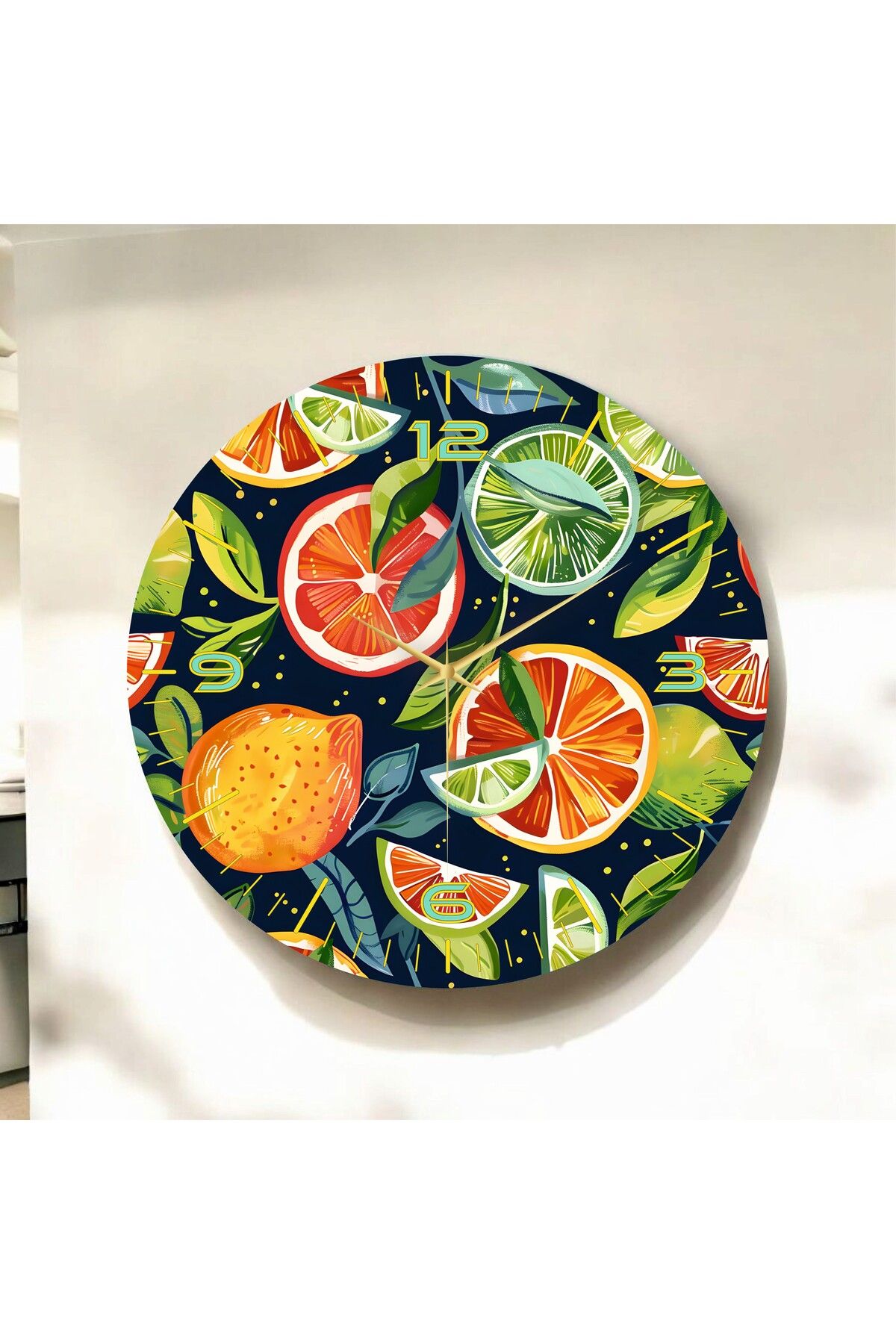 AA Shop Renkli Baskı Meyve Desenli Sayılı Hediyelik Ahşap Sessiz Duvar Saati 50cm