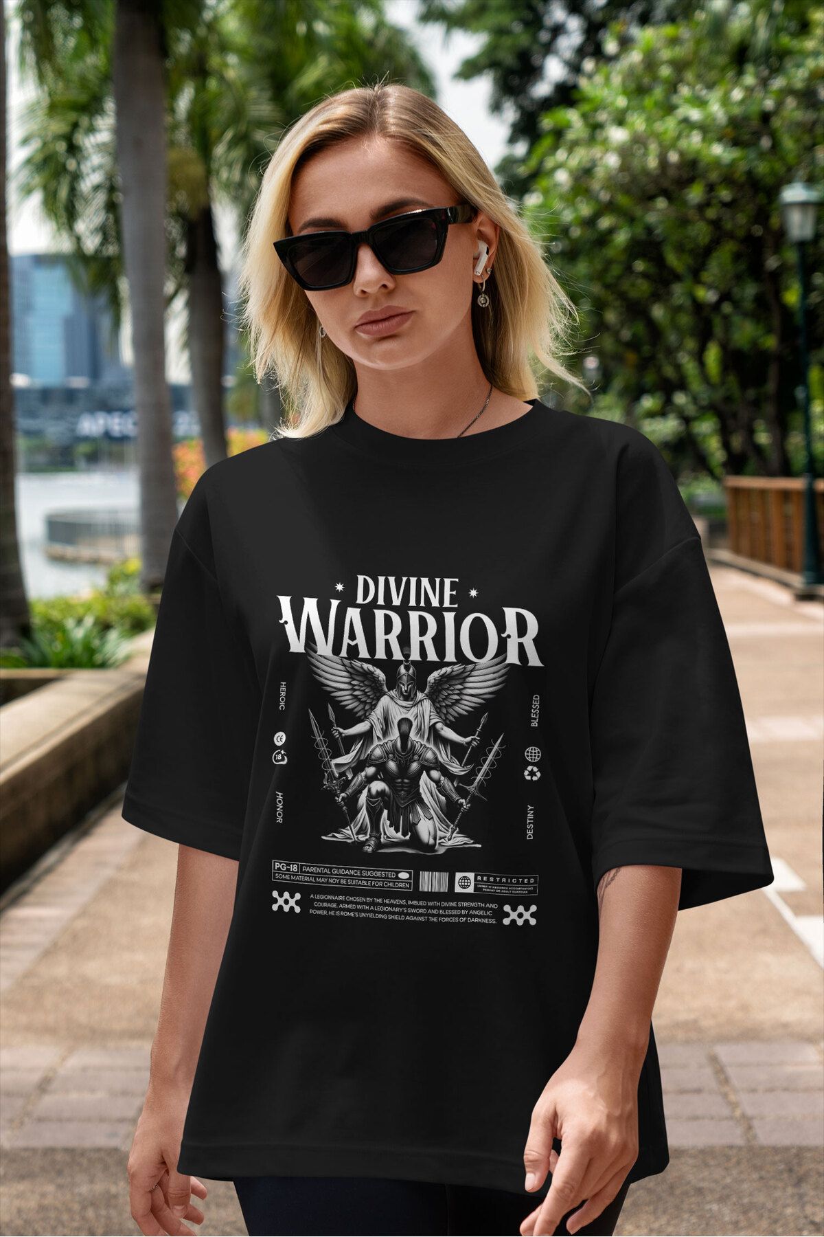 ELFAMİ Unisex Erkek/Kadın WARRIOR Renkli Özel Baskılı Oversize Pamuklu Bisiklet Yaka T-Shirt Tişört
