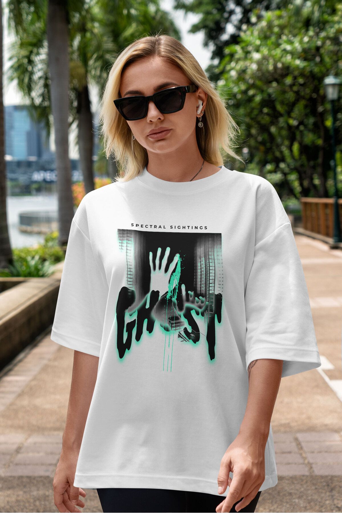 ELFAMİ Unisex Erkek/Kadın GHOST Renkli Özel Baskılı Oversize Pamuklu Bisiklet Yaka T-Shirt Tişört