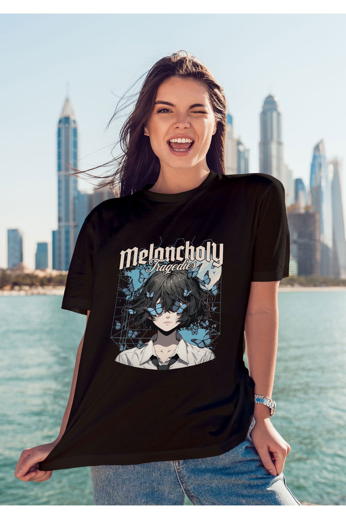 ELFAMİ Unisex Erkek/Kadın MELANCHOLY Renkli Özel Baskılı Oversize Pamuklu Bisiklet Yaka T-Shirt Tişört