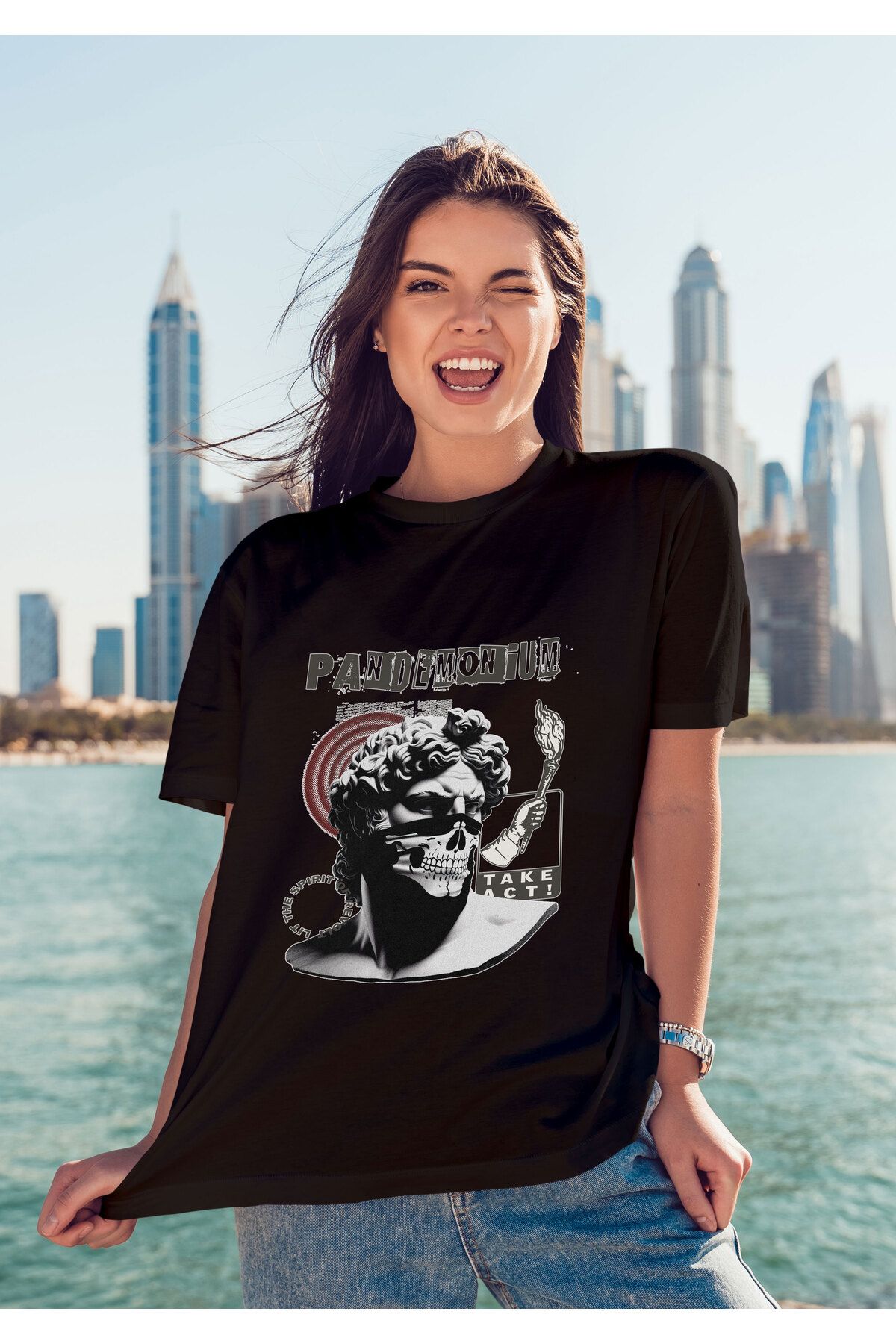ELFAMİ Unisex Erkek/Kadın PANDEMONIUM Renkli Özel Baskılı Oversize Pamuklu Bisiklet Yaka T-Shirt Tişört