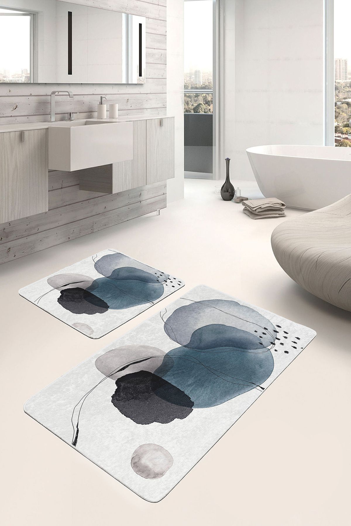 Realhomes Ekru Zeminde Modern Sanat Motifli Siyah Mavi Yağlıboya Desenli Bohem Klasik 2'li Banyo Paspas Takımı