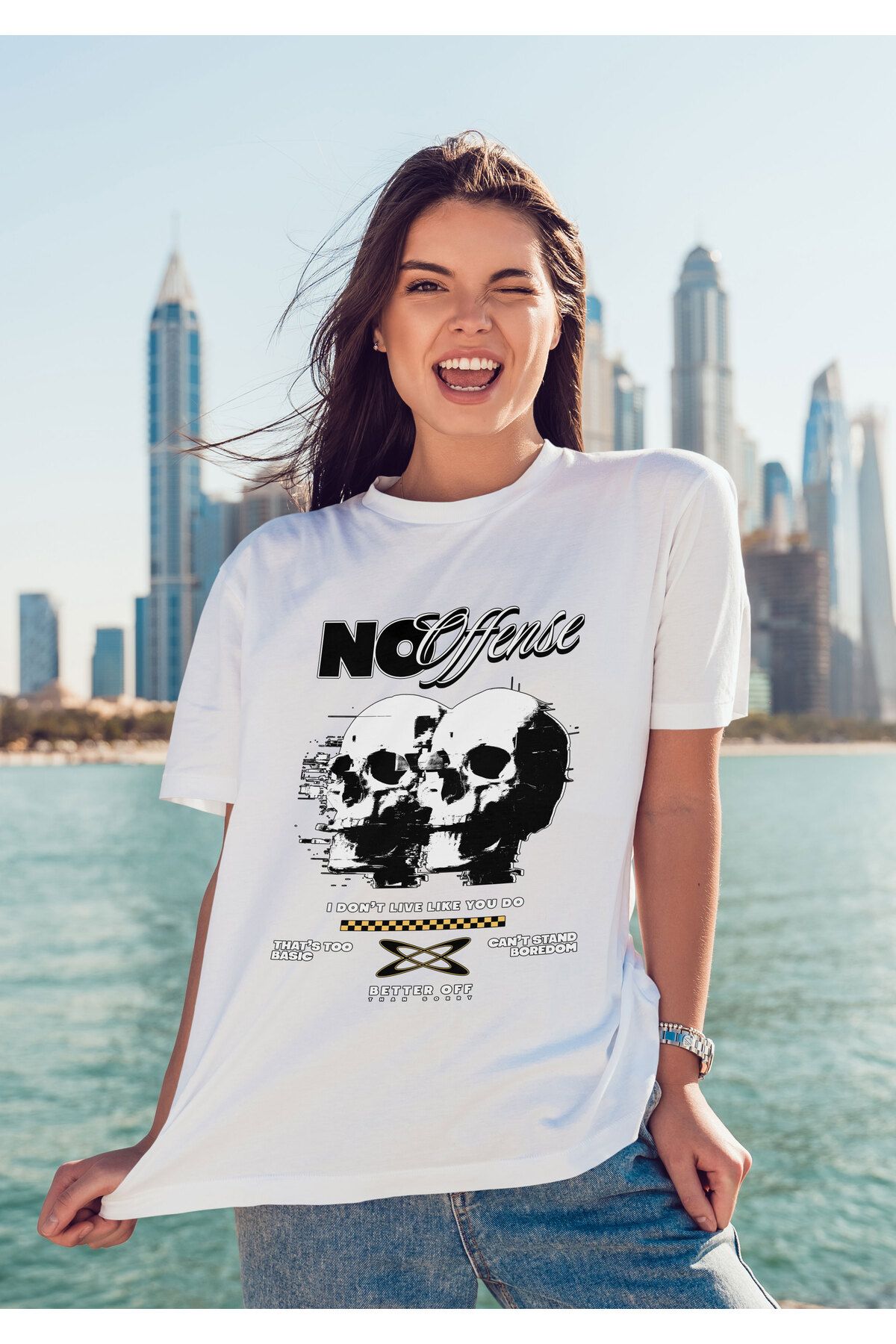 ELFAMİ Unisex Erkek/Kadın NO OFFENSE Renkli Özel Baskılı Oversize Pamuklu Bisiklet Yaka T-Shirt Tişört