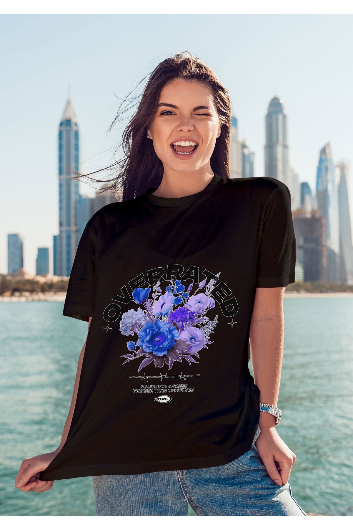 ELFAMİ Unisex Erkek/Kadın OVERRATED Renkli Özel Baskılı Oversize Pamuklu Bisiklet Yaka T-Shirt Tişört