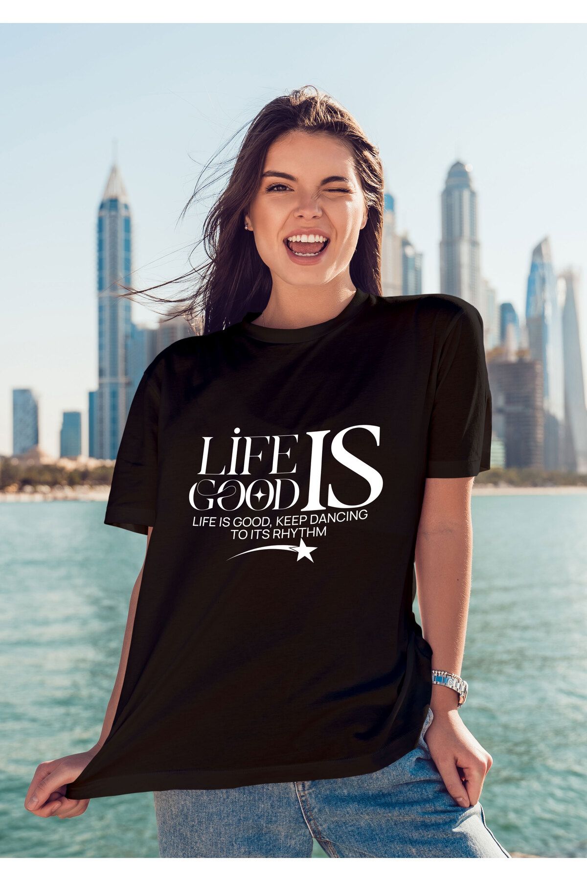 ELFAMİ Unisex Erkek/Kadın LIFE IS GOOD Renkli Özel Baskılı Oversize Pamuklu Bisiklet Yaka T-Shirt Tişört