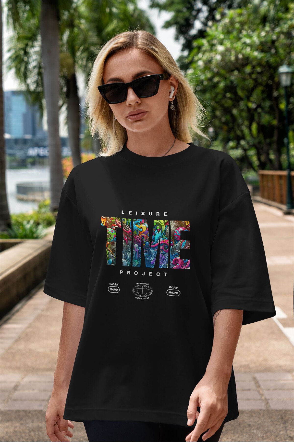 ELFAMİ Unisex Erkek/Kadın TIME Renkli Özel Baskılı Oversize Pamuklu Bisiklet Yaka T-Shirt Tişört