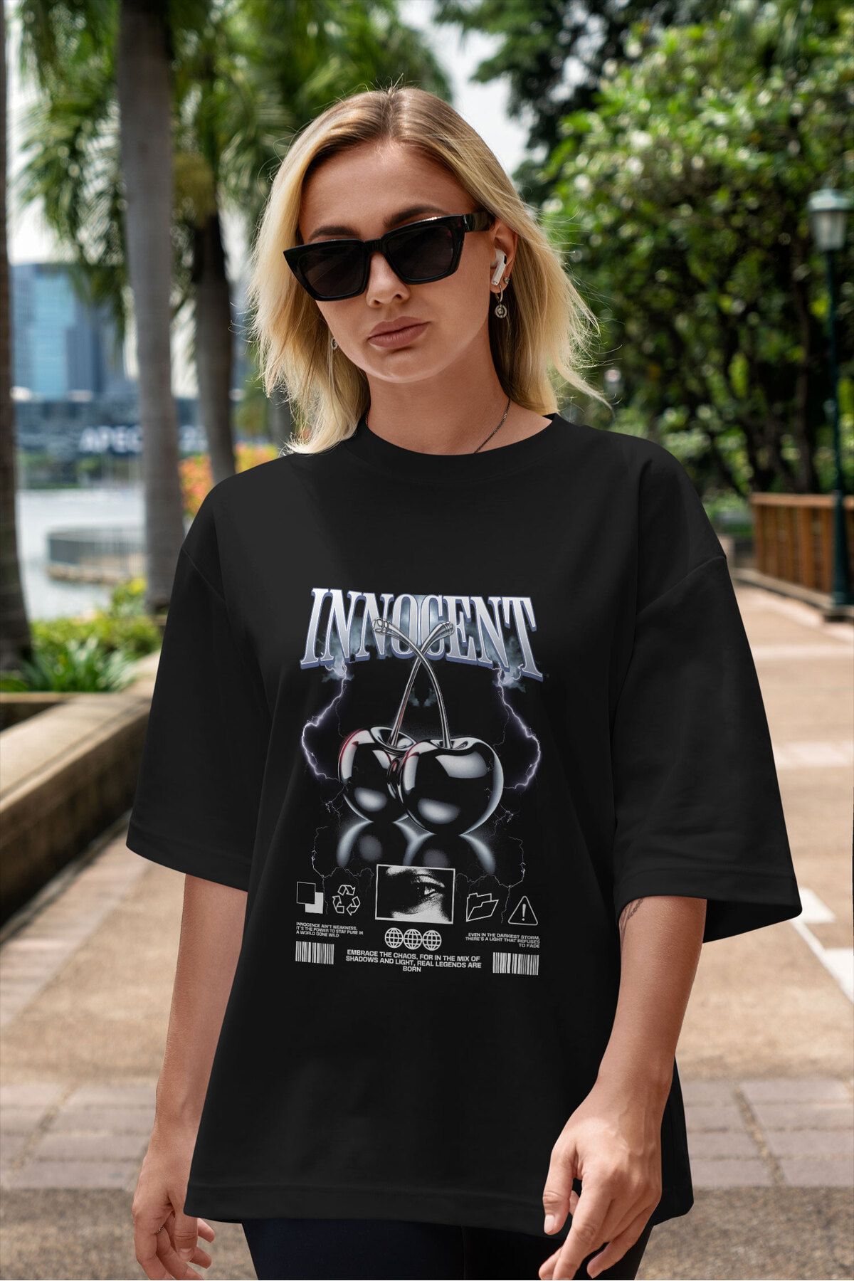 ELFAMİ Unisex Erkek/Kadın INNOCENT Renkli Özel Baskılı Oversize Pamuklu Bisiklet Yaka T-Shirt Tişört