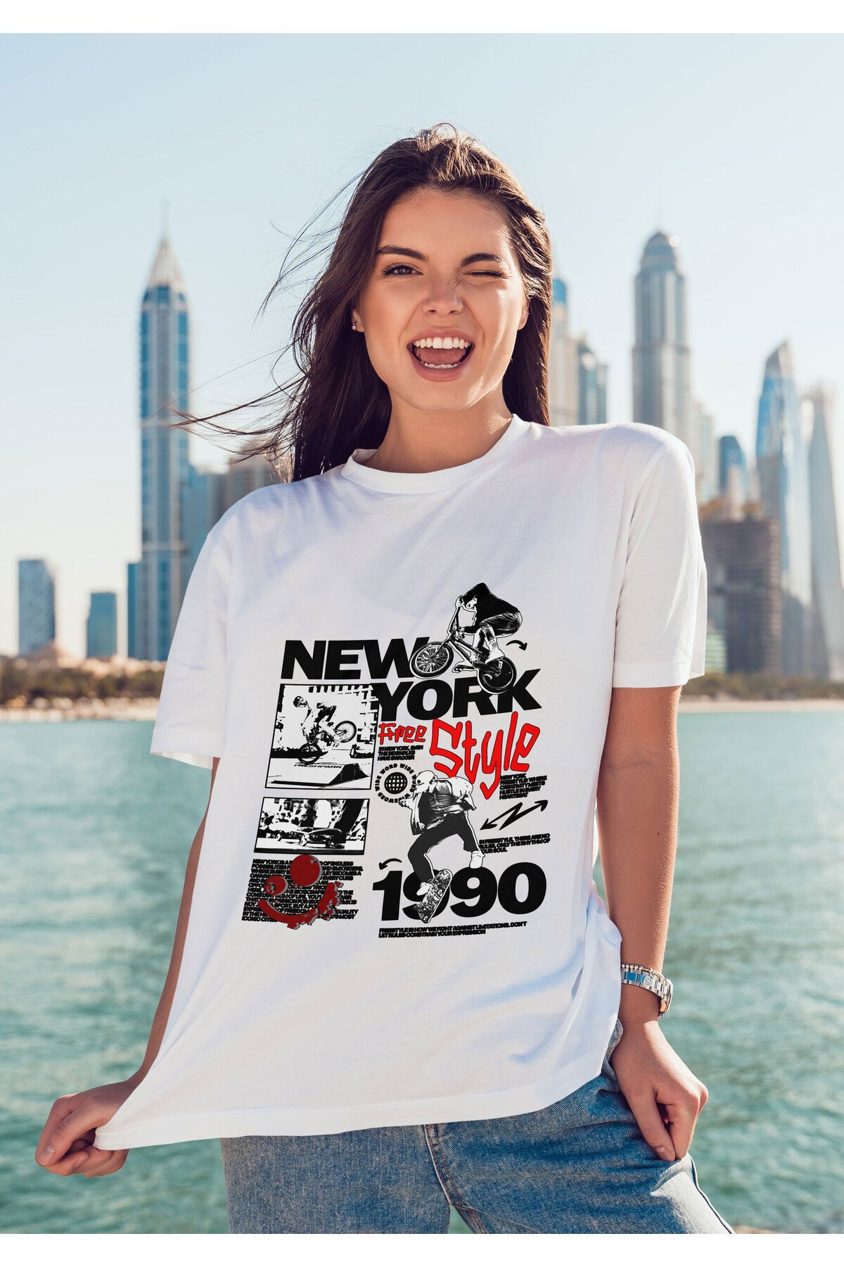 ELFAMİ Unisex Erkek/Kadın NEWYORK Renkli Özel Baskılı Oversize Pamuklu Bisiklet Yaka T-Shirt Tişört