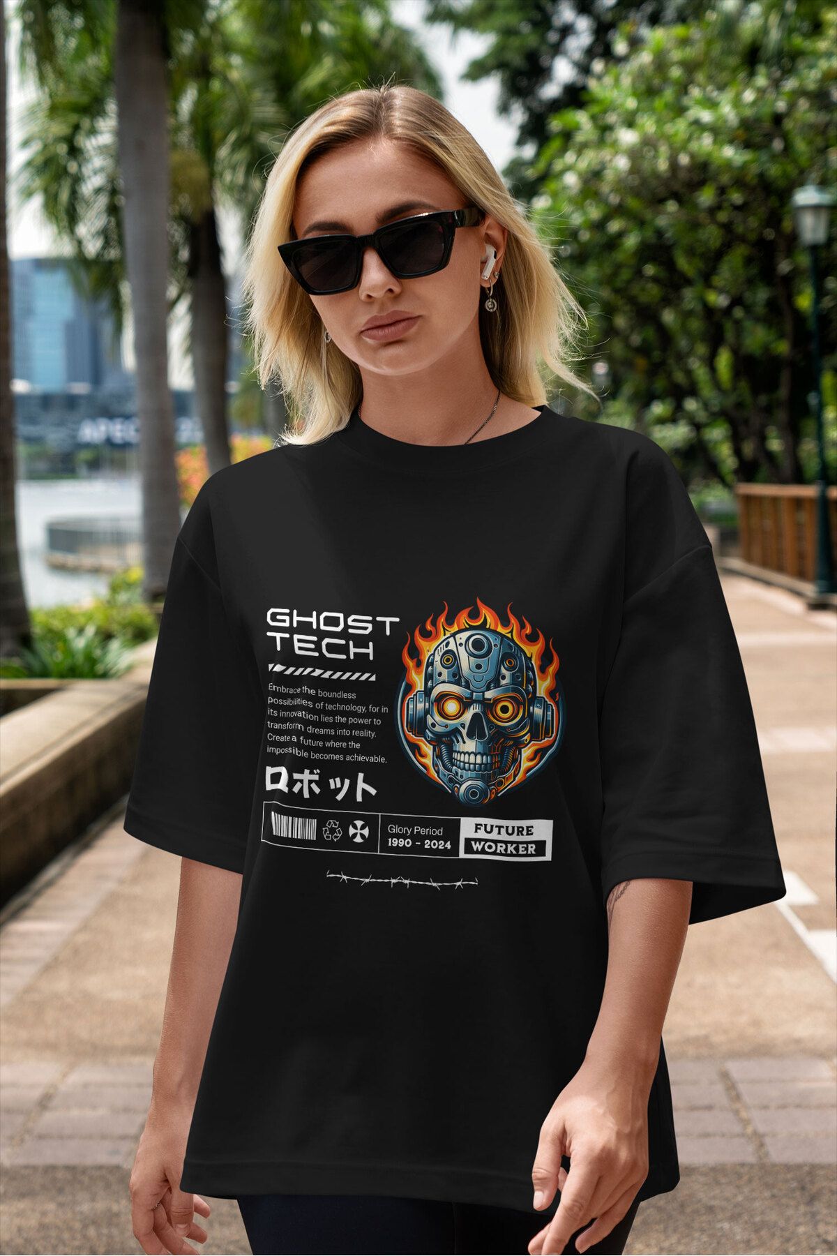 ELFAMİ Unisex Erkek/Kadın Ghost Tech Renkli Özel Baskılı Oversize Pamuklu Bisiklet Yaka T-Shirt Tişört