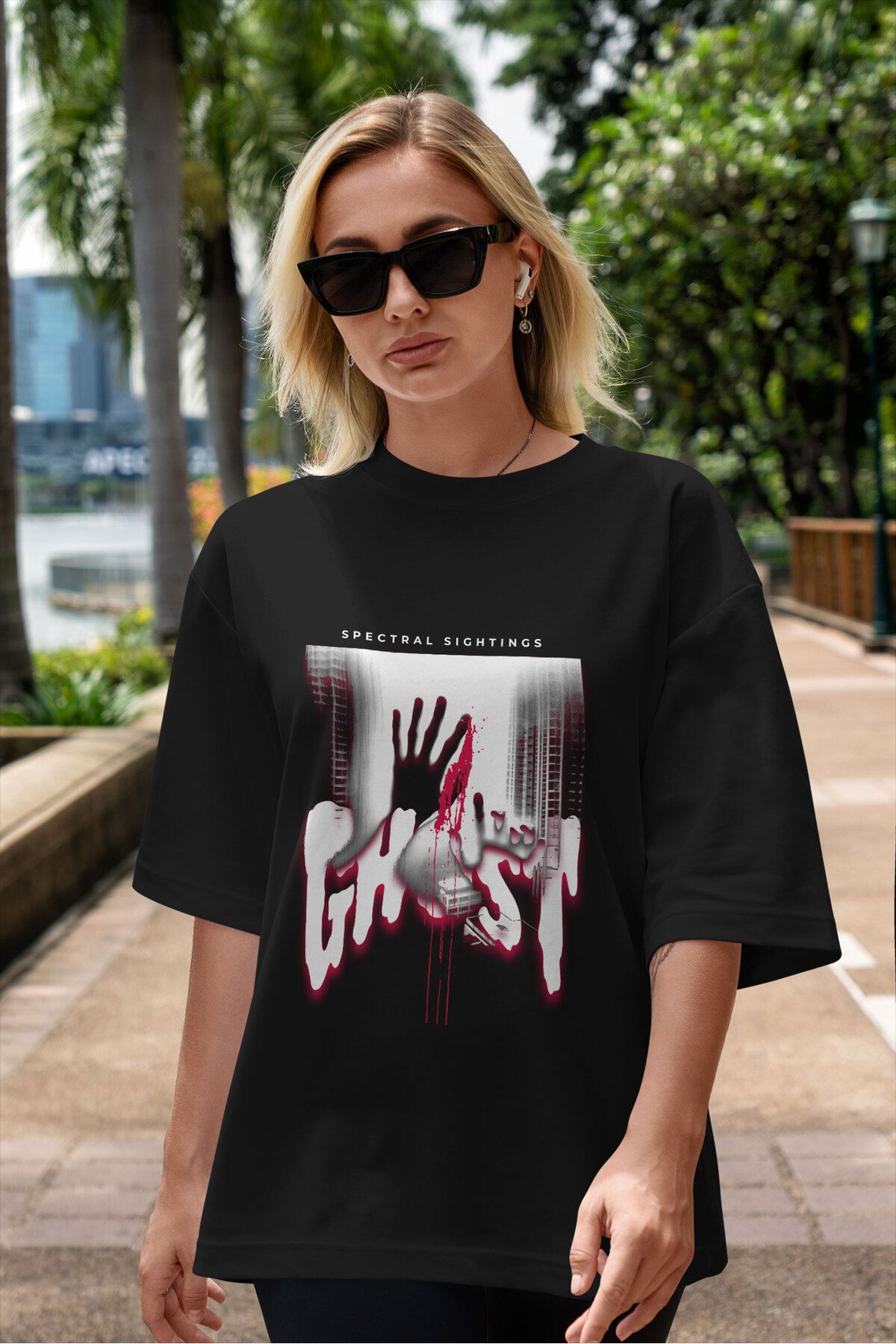 ELFAMİ Unisex Erkek/Kadın GHOST Renkli Özel Baskılı Oversize Pamuklu Bisiklet Yaka T-Shirt Tişört