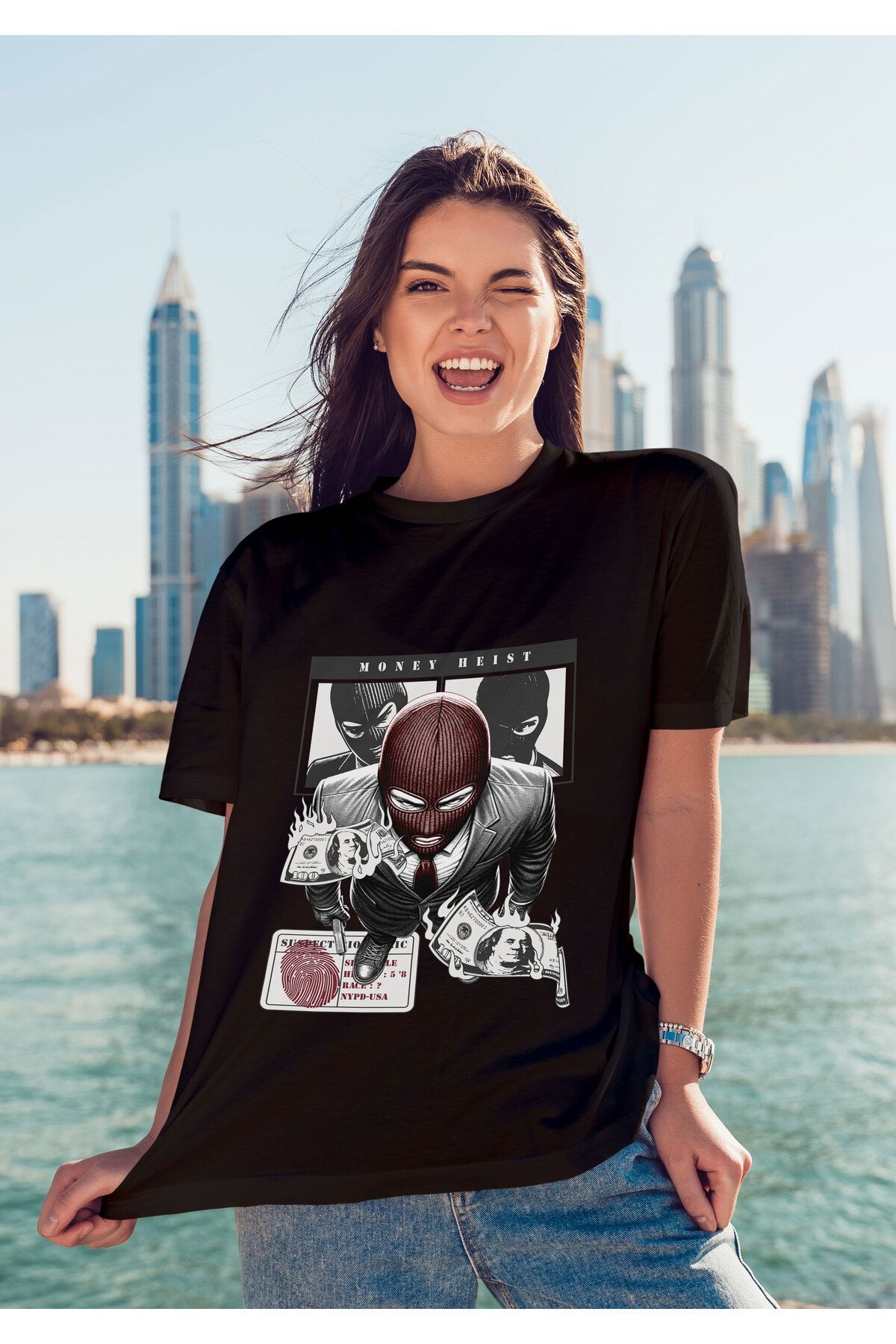 ELFAMİ Unisex Erkek/Kadın MONEY HEIST Renkli Özel Baskılı Oversize Pamuklu Bisiklet Yaka T-Shirt Tişört