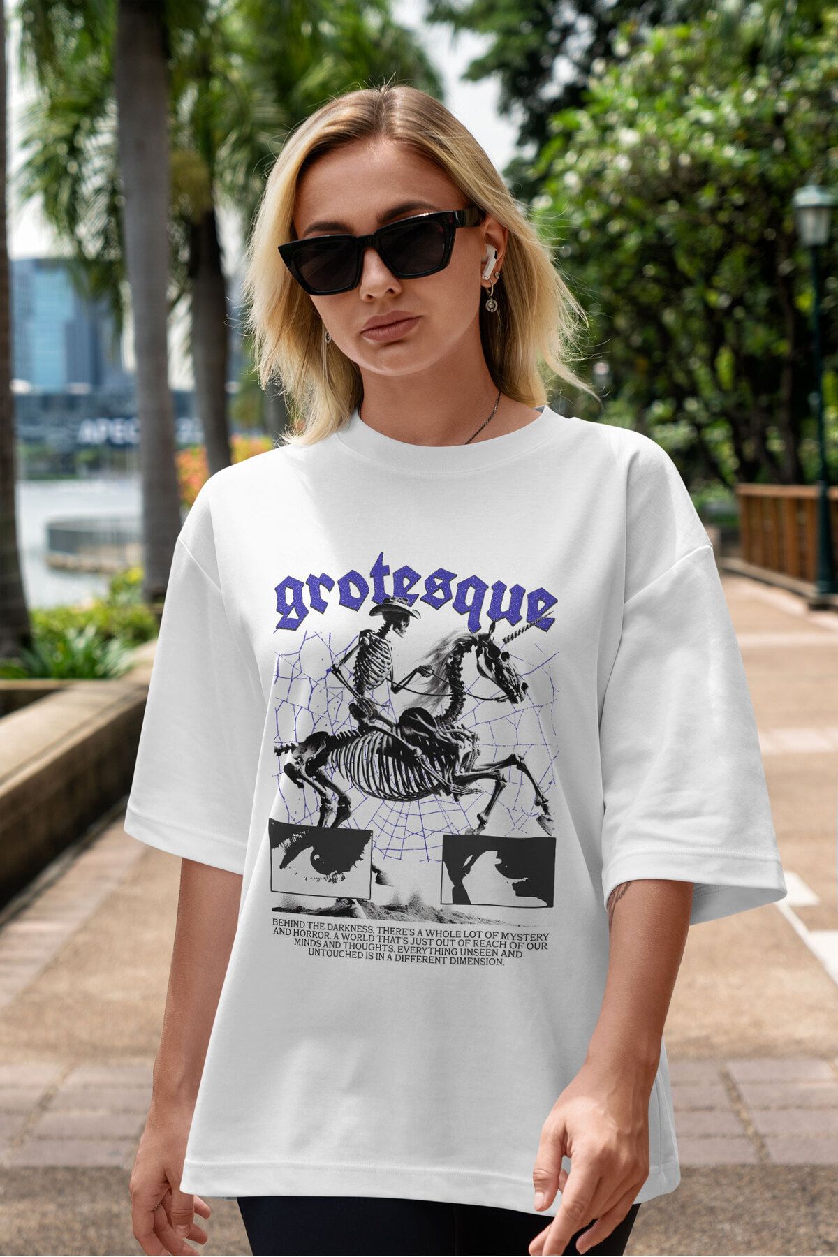 ELFAMİ Unisex Erkek/Kadın GROTESQUE Renkli Özel Baskılı Oversize Pamuklu Bisiklet Yaka T-Shirt Tişört