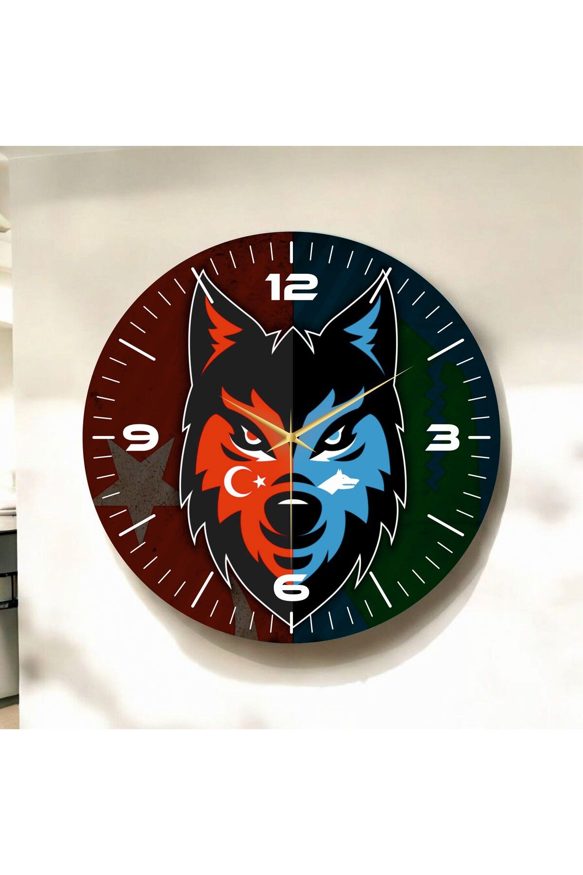 AA Shop Kırmızı Mavi Renkli Baskı Bozkurt Türk Bayrak Desenli Sayılı Hediyelik Ahşap Sessiz Duvar Saati 50cm