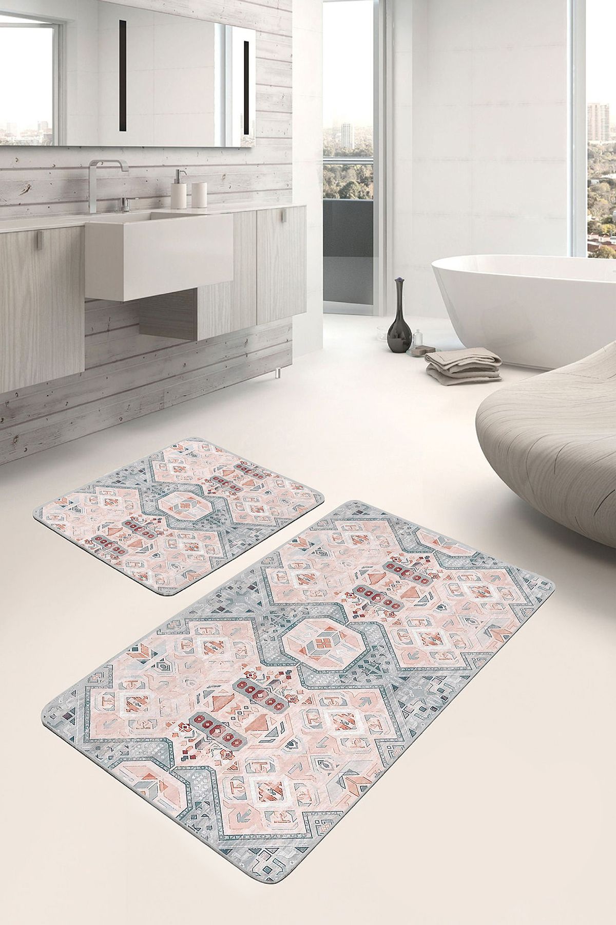 Realhomes 2'li Set Pastel Zeminde Kanvas Motifli Etnik Desenli Klasik Etnik Motifler 2'li Banyo Paspas Takımı