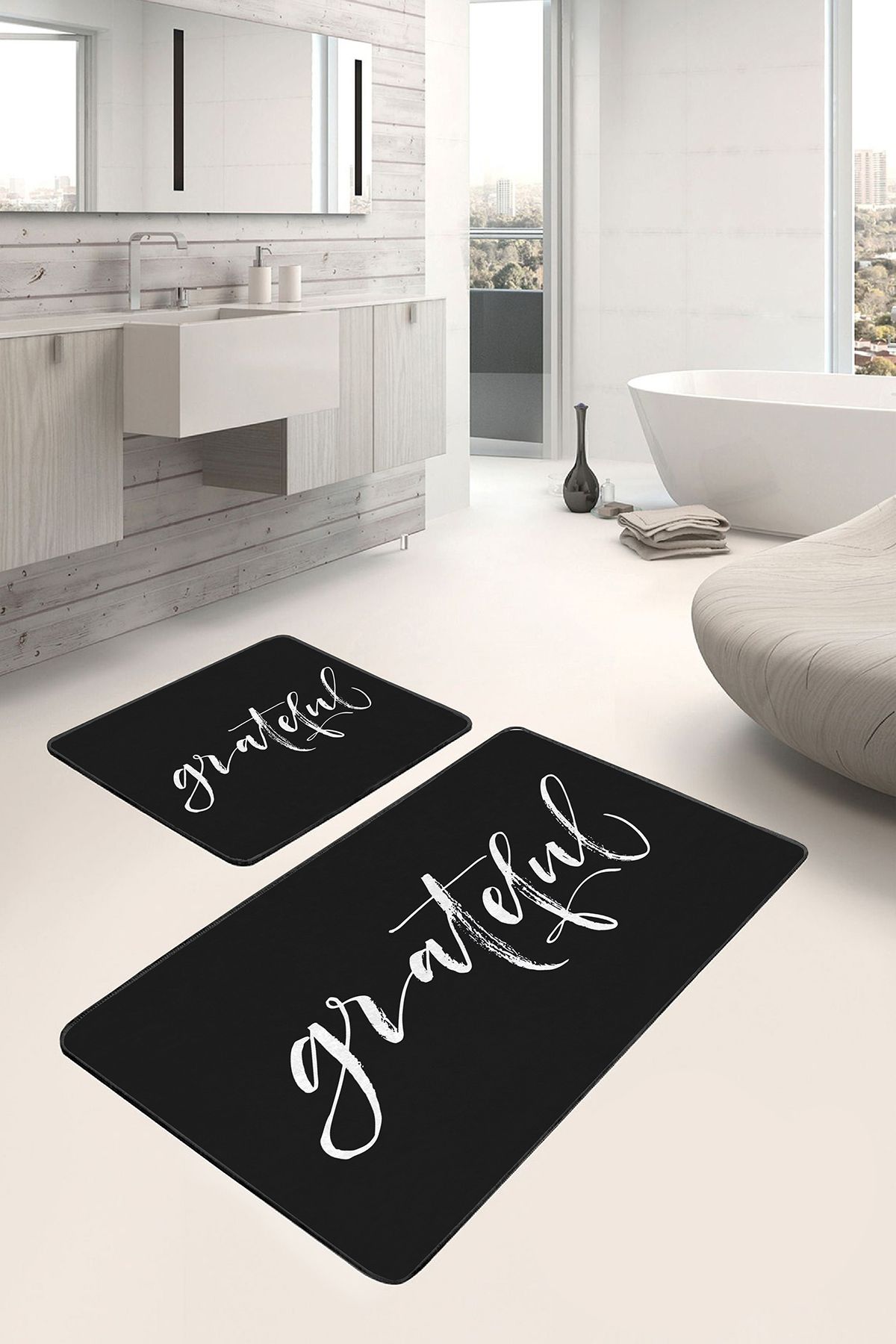 Realhomes 2'li Siyah Zeminde Yazı Motifli Grateful Desenli Klasik Sade & Şık 2'li Banyo & Mutfak Paspas Takımı