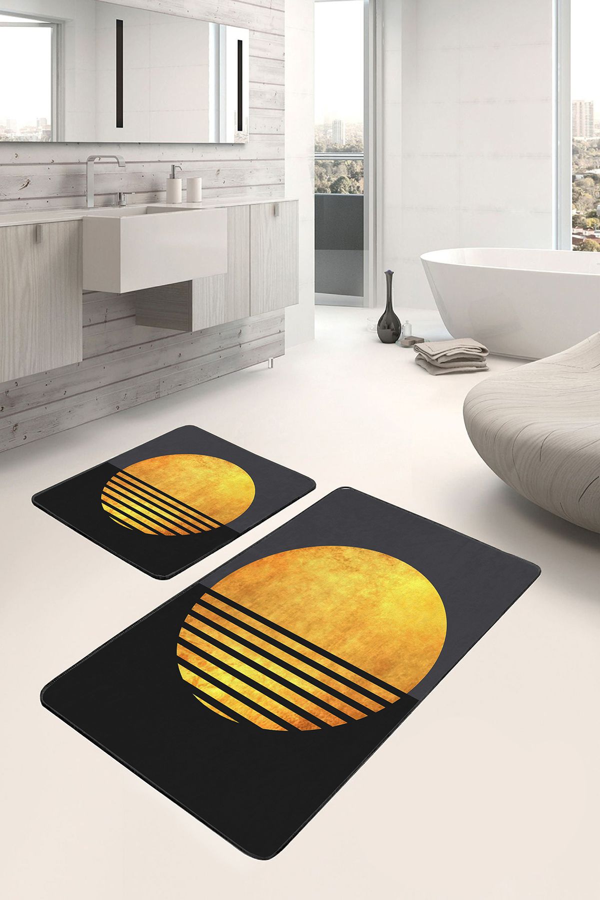 Realhomes 2'li Set Gold - Siyah Zeminde Kanvas Motifli Güneş Desenli Modern Geometrik 2'li Banyo Paspas Takımı