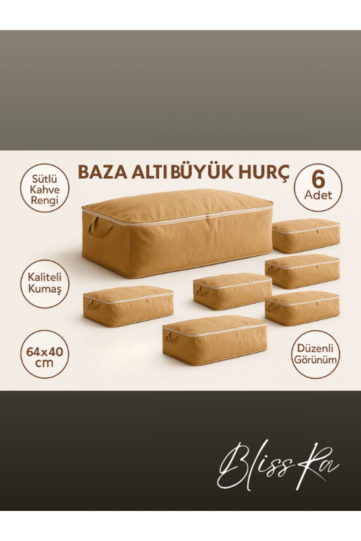 Blissra Baza Altı Hurç 6’lı Set 64x40x22cm – Sütlü Kahve Renk | Soft Kumaş Saklama Çantası