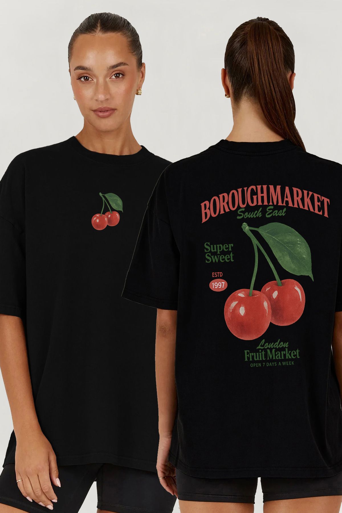 MODA Cherry Kiraz Vişne Sırt Baskılı Oversize Kalıp Siyah Geniş Bol Kesim Kadın Tişört