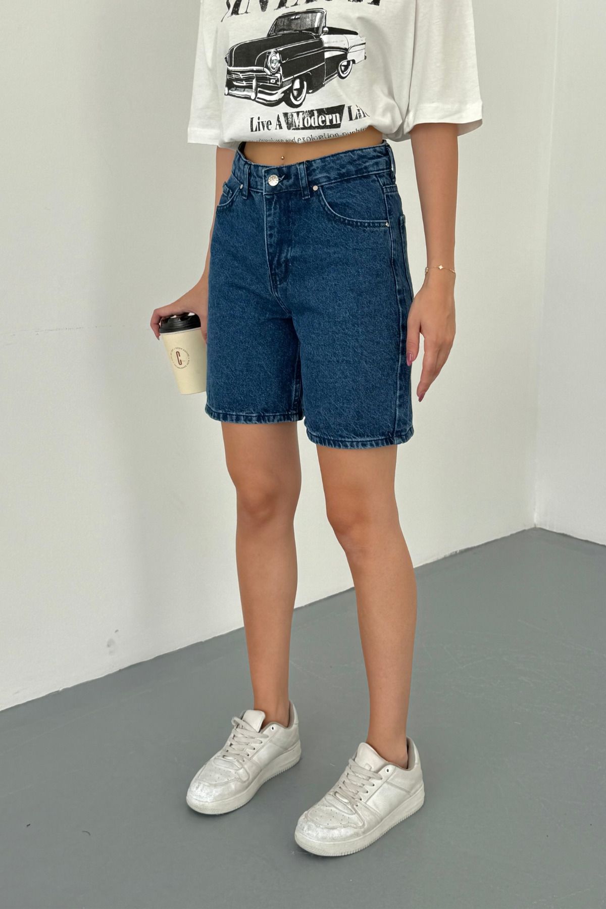 alanora Kadın Yüksek Bel Straight Fit Şort Jeans
