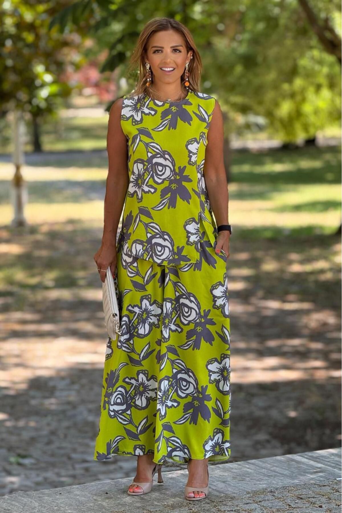 Nevin Kaya Moda Sicily Yağ Yeşili Çiçekli Pantolon Bluz İkili Takım