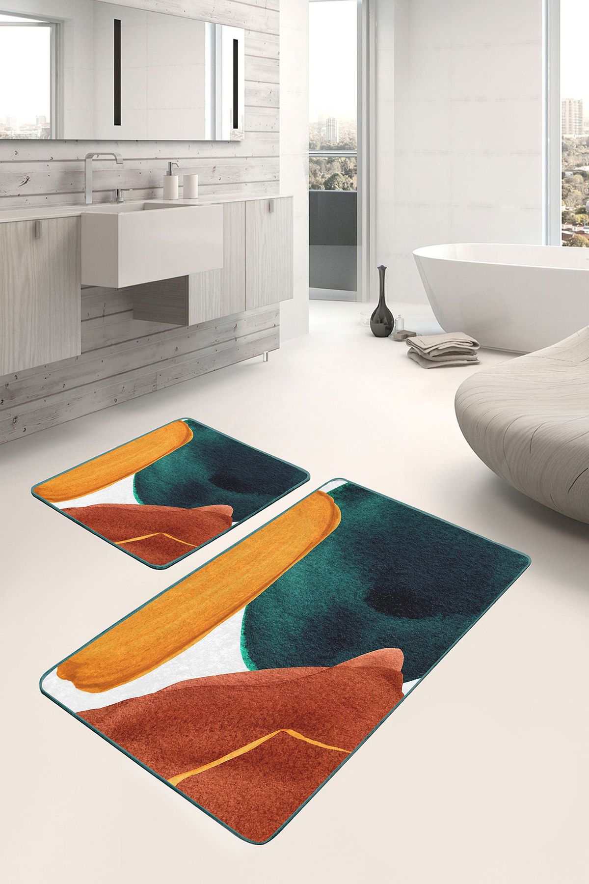 Realhomes 2'li Set Sarı Lacivert Zeminde Tablo Motifli Abstract Desenli Bohem Modern 2'li Banyo Paspas Takımı