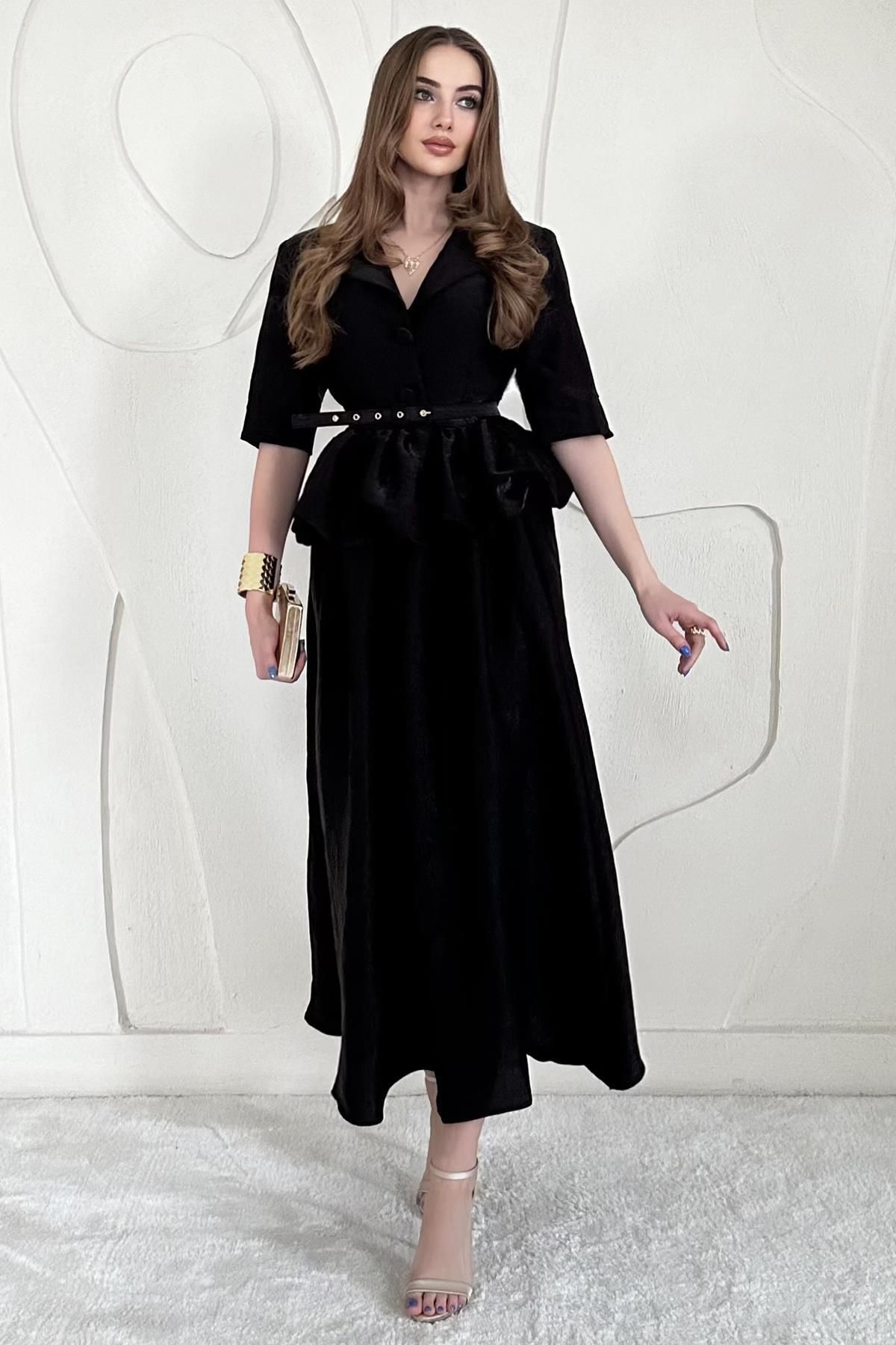 Elbee Fashion Woman İnce Kemer Detaylı Fıfırlı Ceket Etek Takım