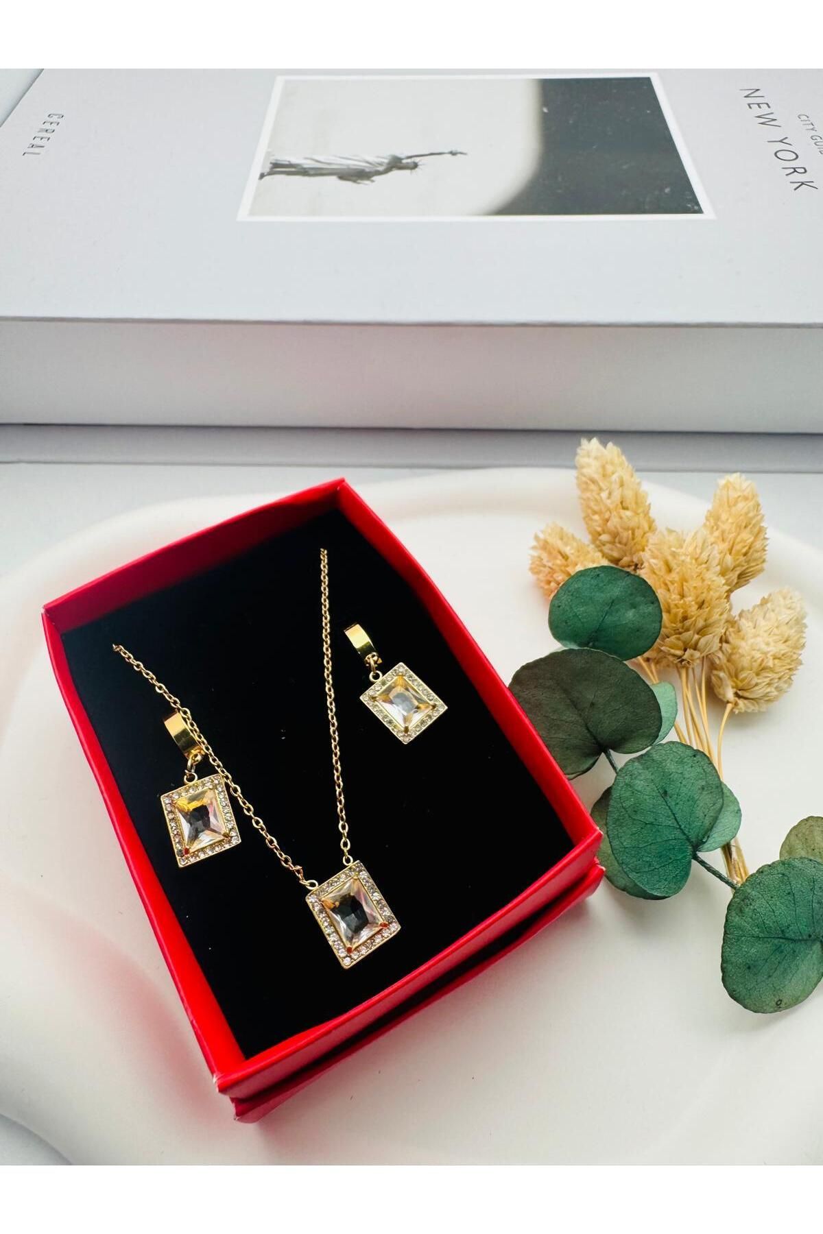 ENEFENDİ İçi Boş Çeyrekli Çelik Kolye ve Bileklik Takımı (Gold) 0106336