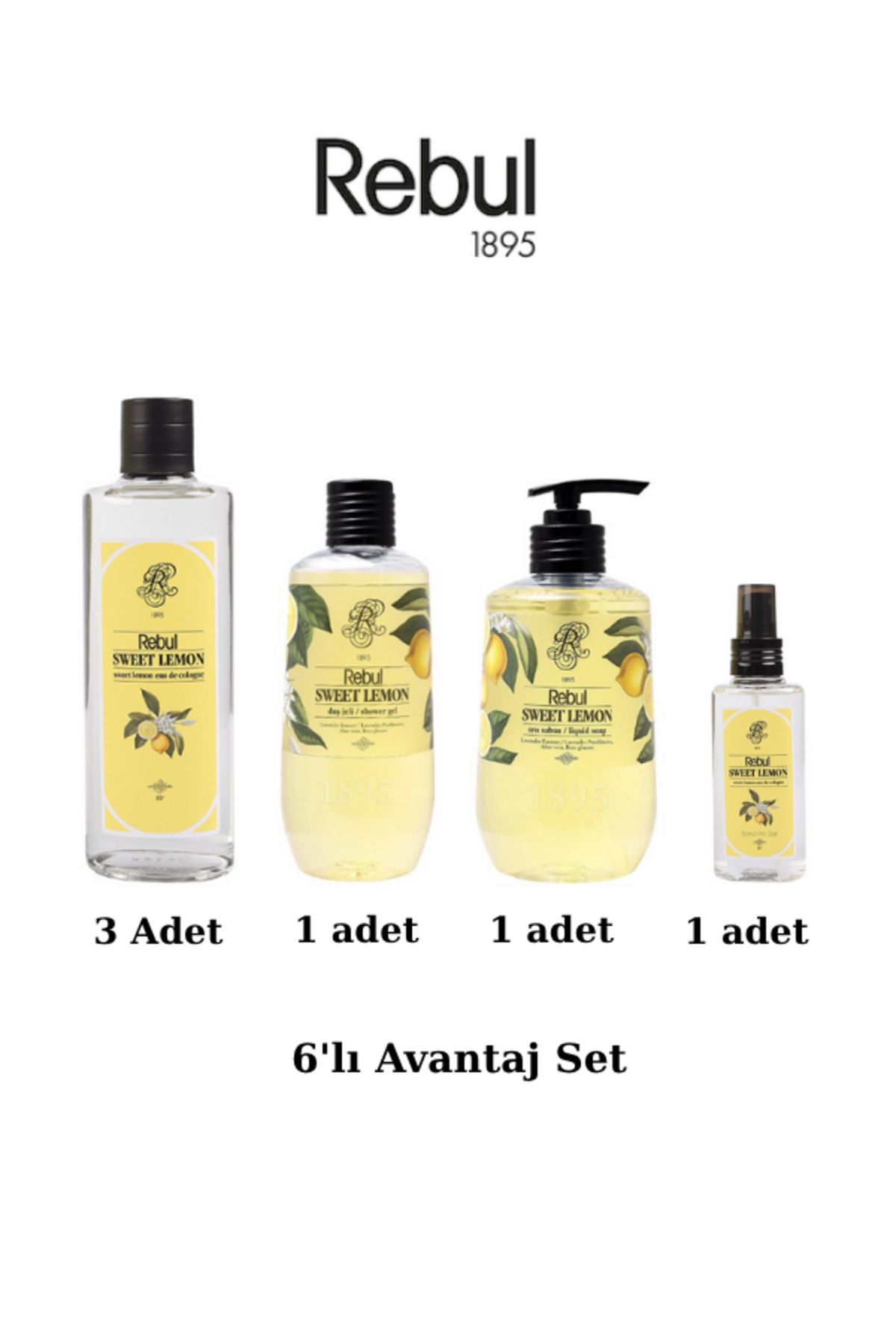 Rebul Sweet Lemon 6’lı Set: 3x250ml Cam Şişeli Kolonya, 500ml Duş Jeli, 500ml Sıvı Sabun, 125ml Sprey Pet